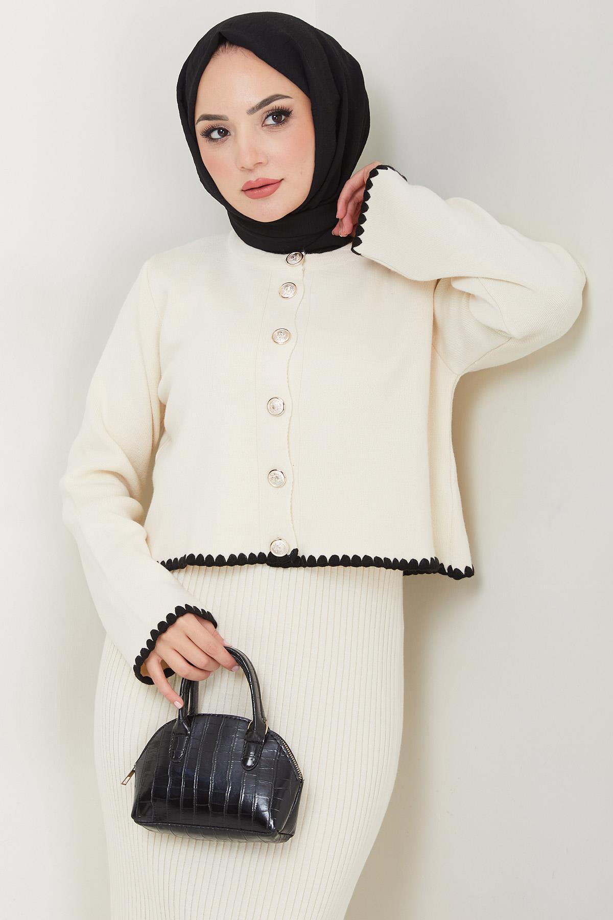 Çoban Dikişli Hırka ve Jile Triko Takım Ekru HM2613