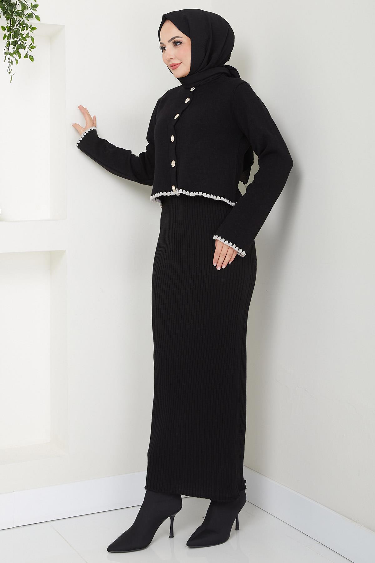 Çoban Dikişli Hırka ve Jile Triko Takım Siyah HM2613