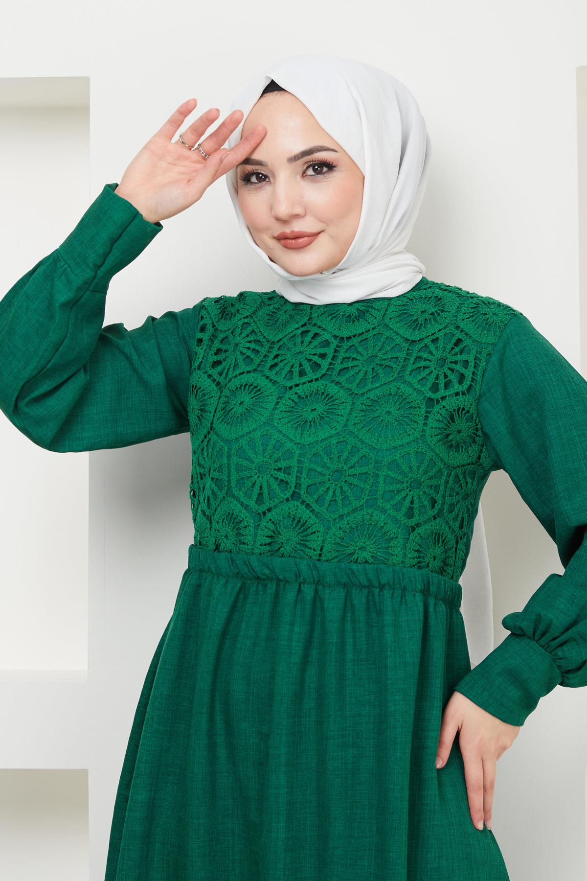 Dantel Detaylı Elbise Zümrüt HM2368