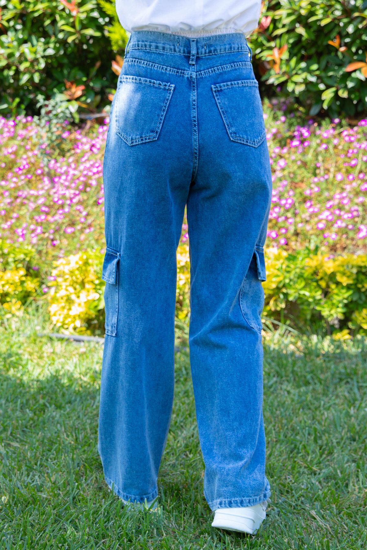 Denim Kargo Pantolon Mavi