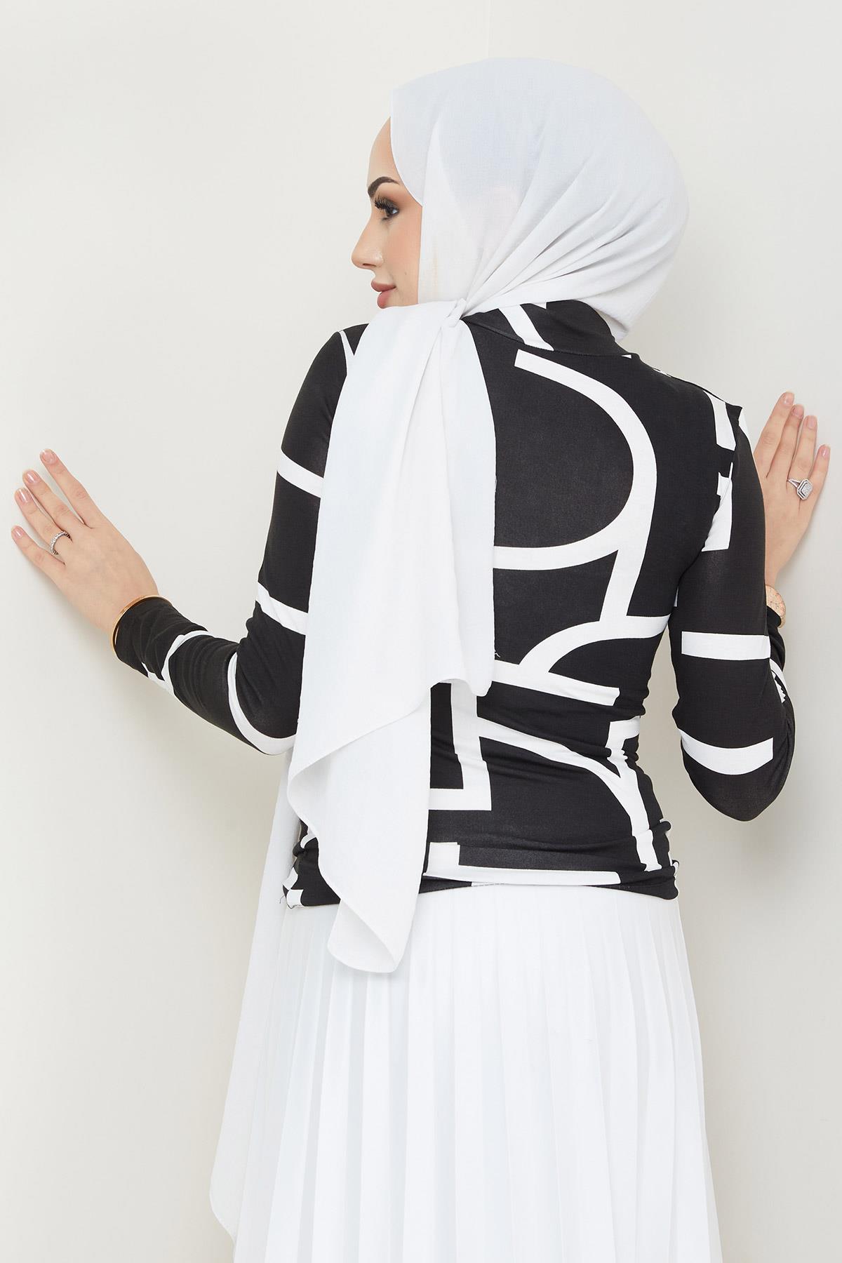 Desenli Balıkçı Yaka Body Siyah