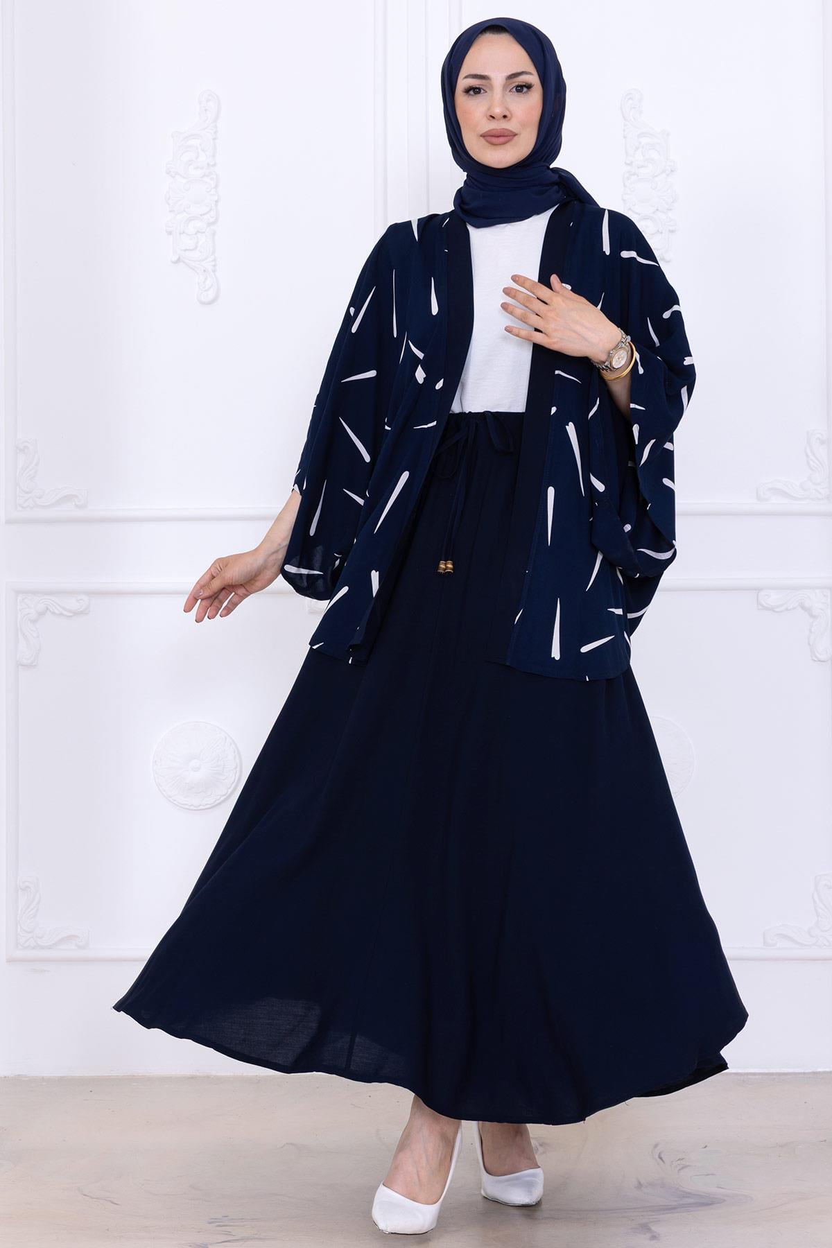 Desenli Etekli Kimono Takım Lacivert HM2767
