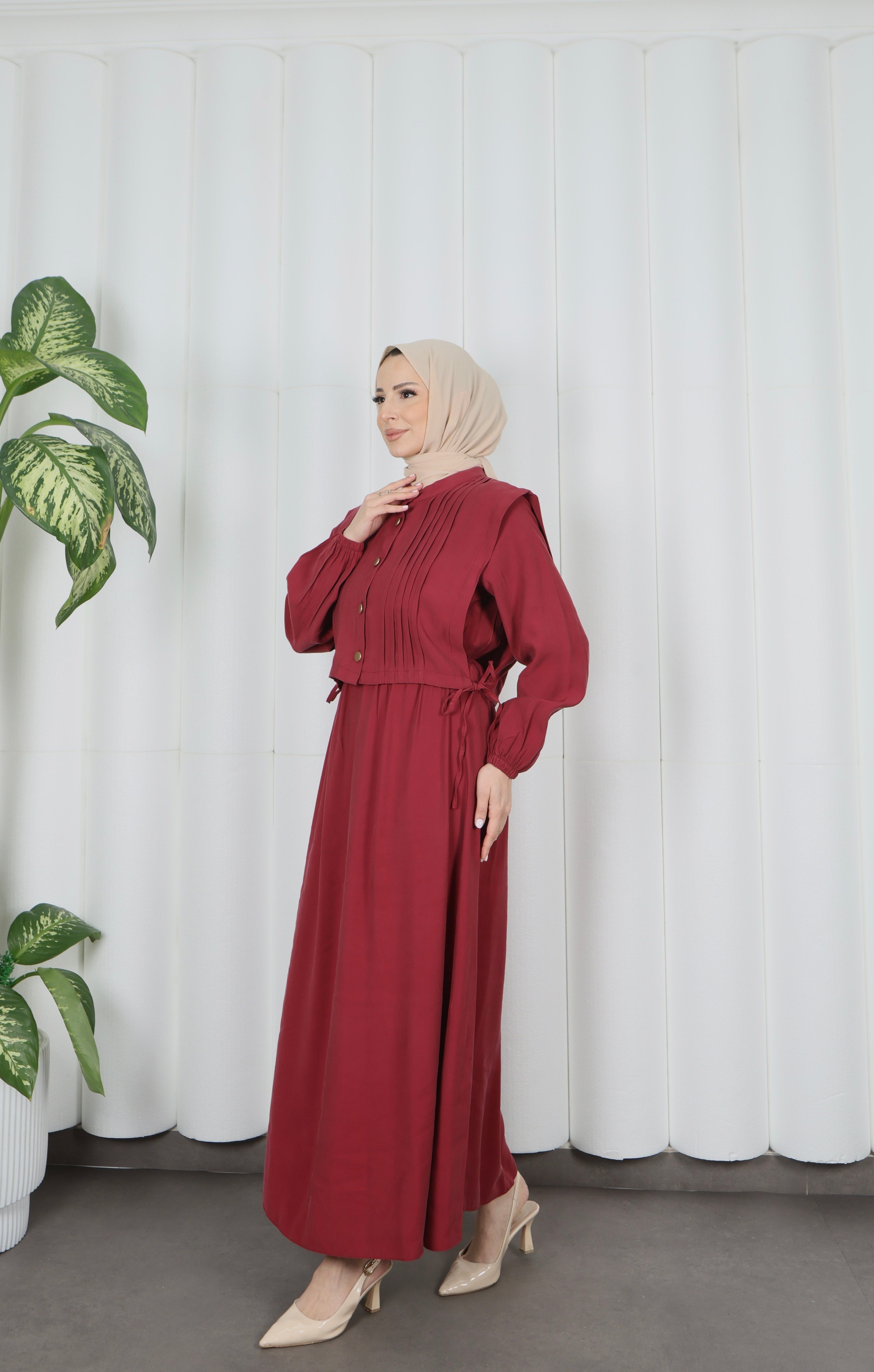 Düğme Detaylı Bolerolu  Pileli Elbise Bordo HNT7121