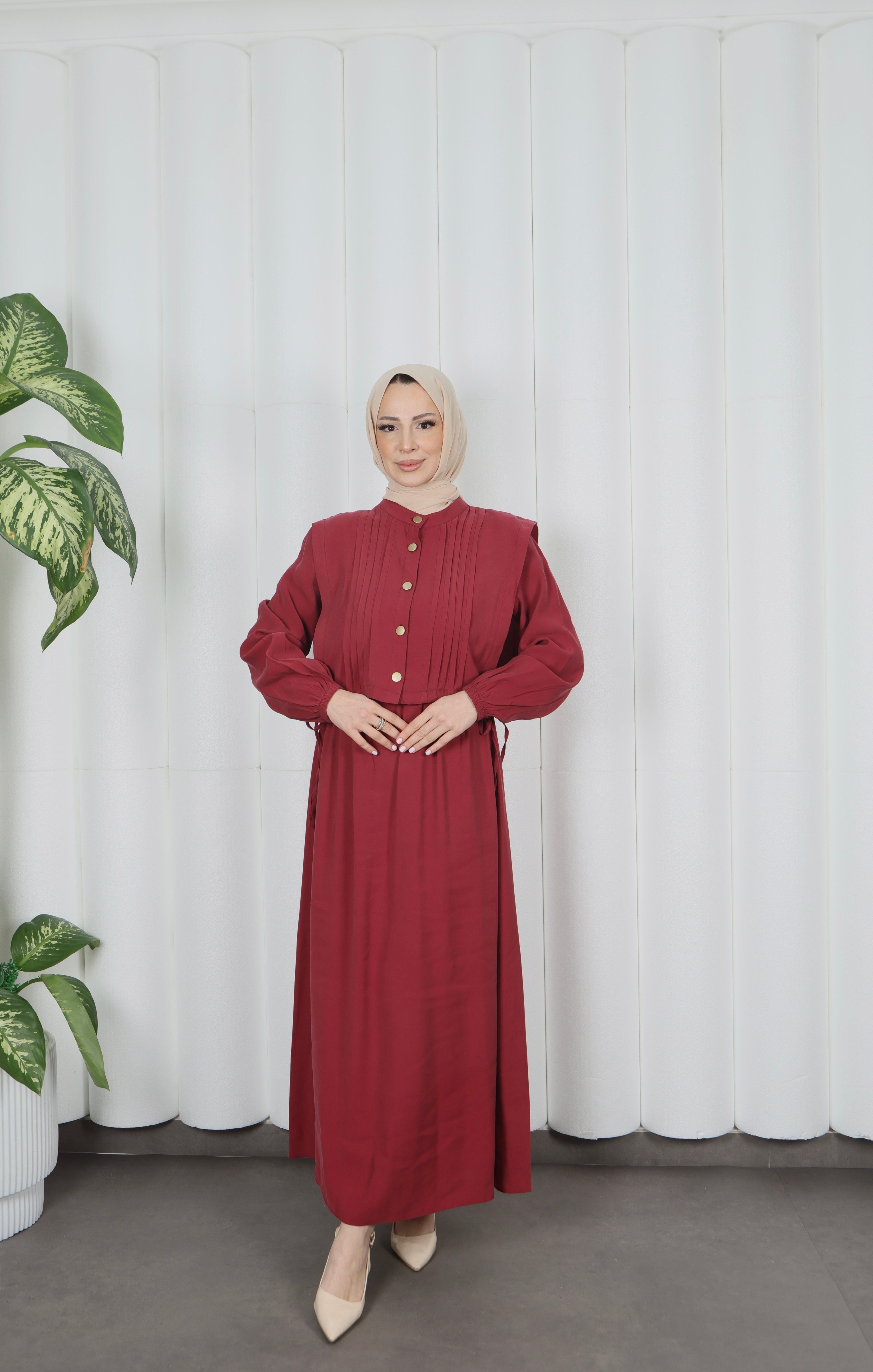 Düğme Detaylı Bolerolu  Pileli Elbise Bordo HNT7121