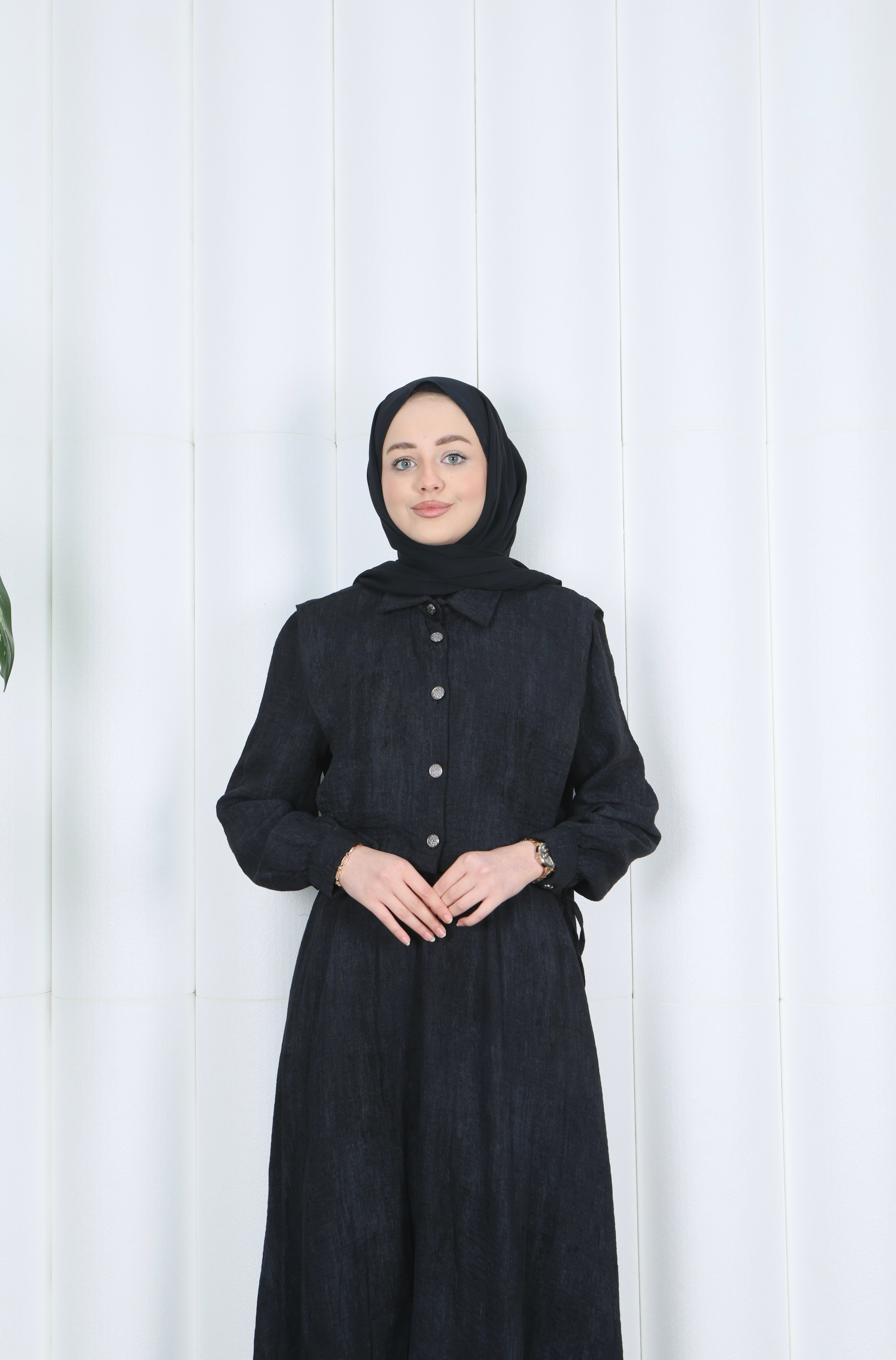 Düğme Detaylı Bolerolu Beli Lastikli Tesettür Elbise Siyah HNT8540