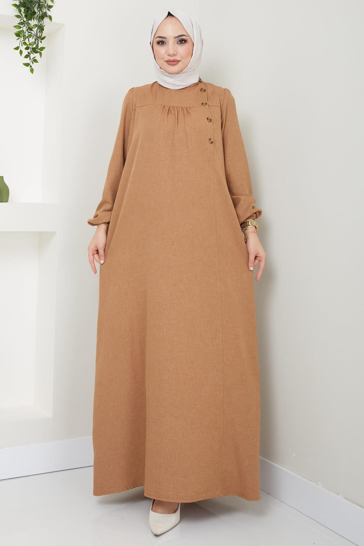 Düğme Detaylı Elbise Camel HM2436