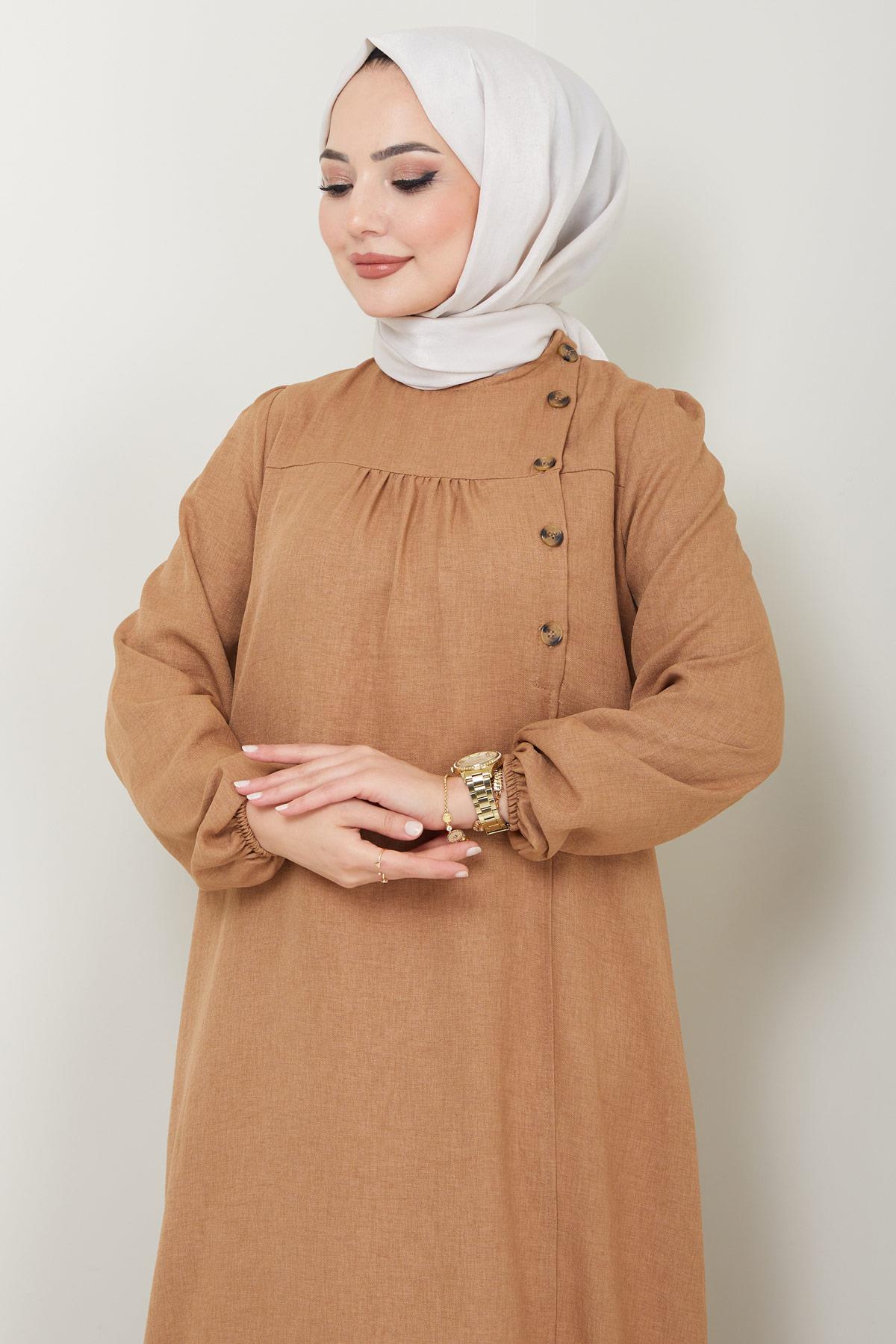 Düğme Detaylı Elbise Camel HM2436
