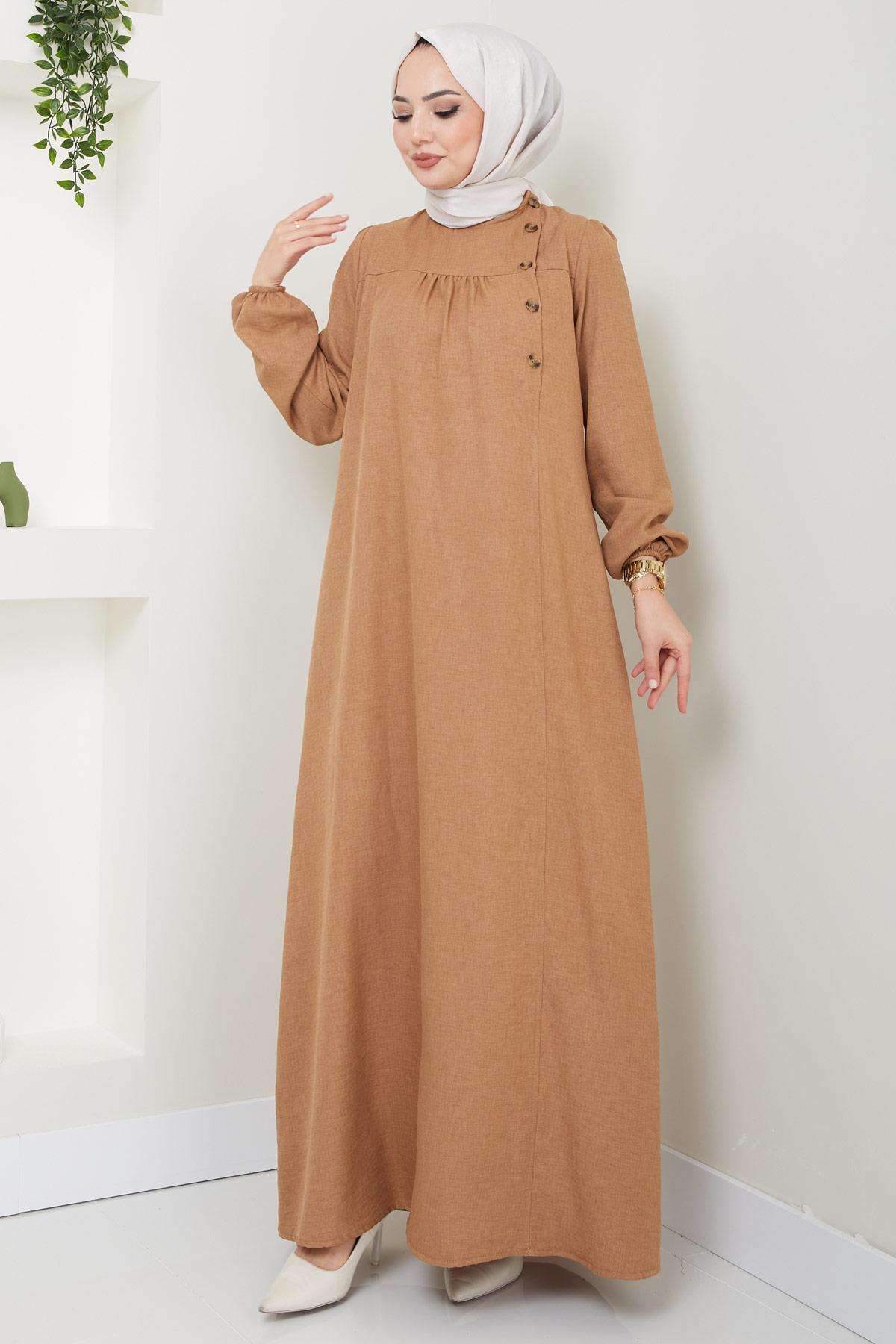 Düğme Detaylı Elbise Camel HM2436