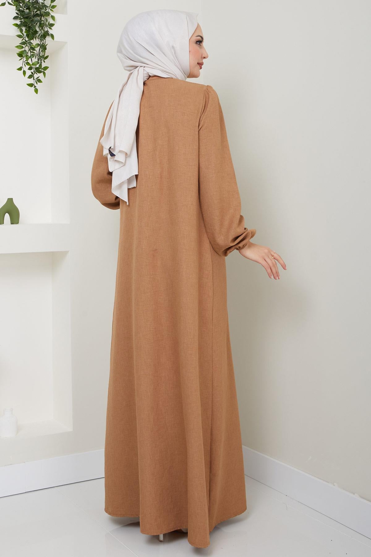Düğme Detaylı Elbise Camel HM2436