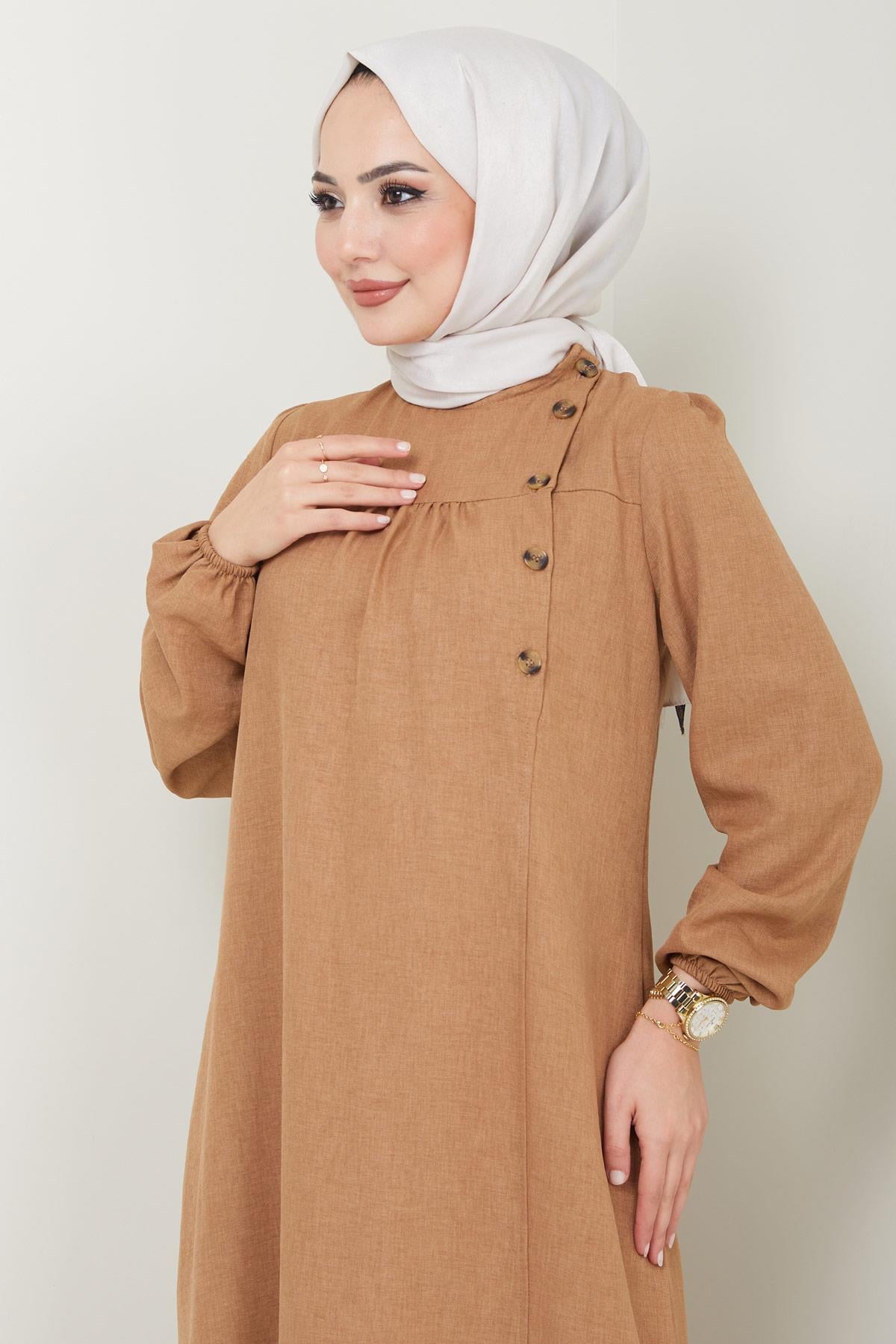 Düğme Detaylı Elbise Camel HM2436
