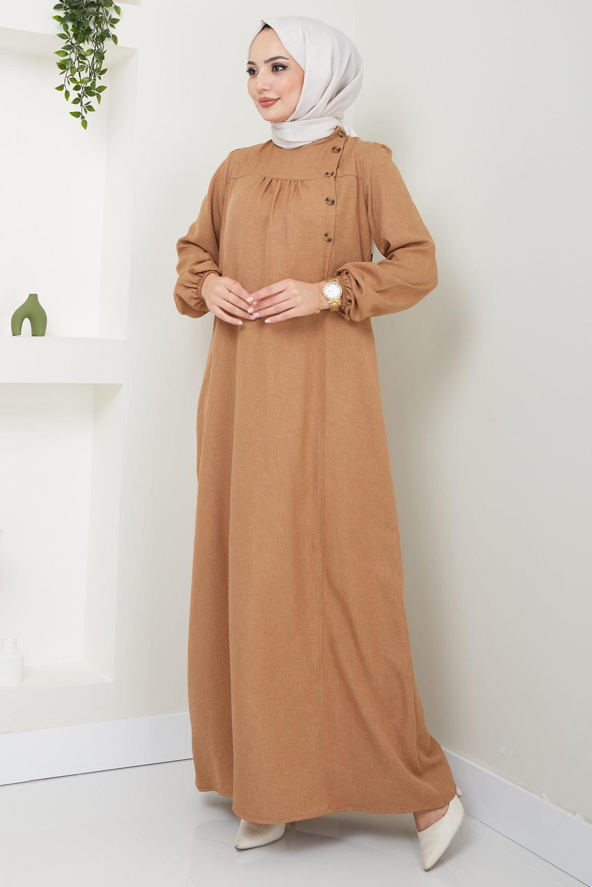 Düğme Detaylı Elbise Camel HM2436