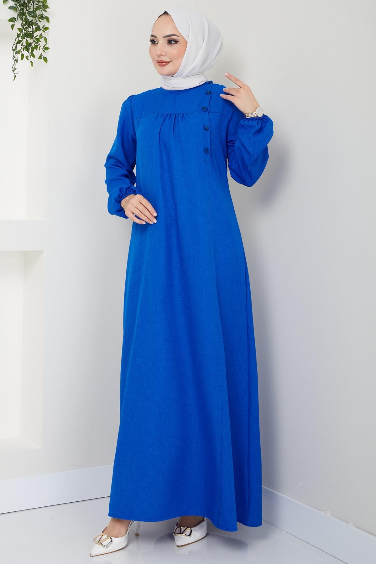 Düğme Detaylı Elbise Saks HM2436