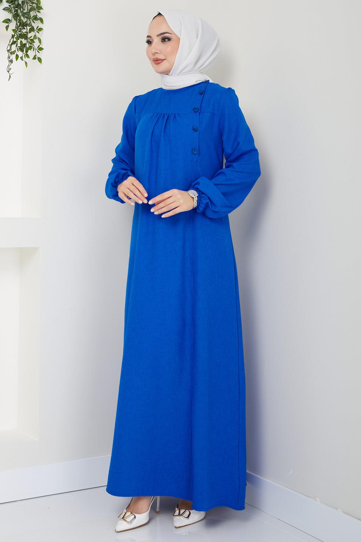 Düğme Detaylı Elbise Saks HM2436