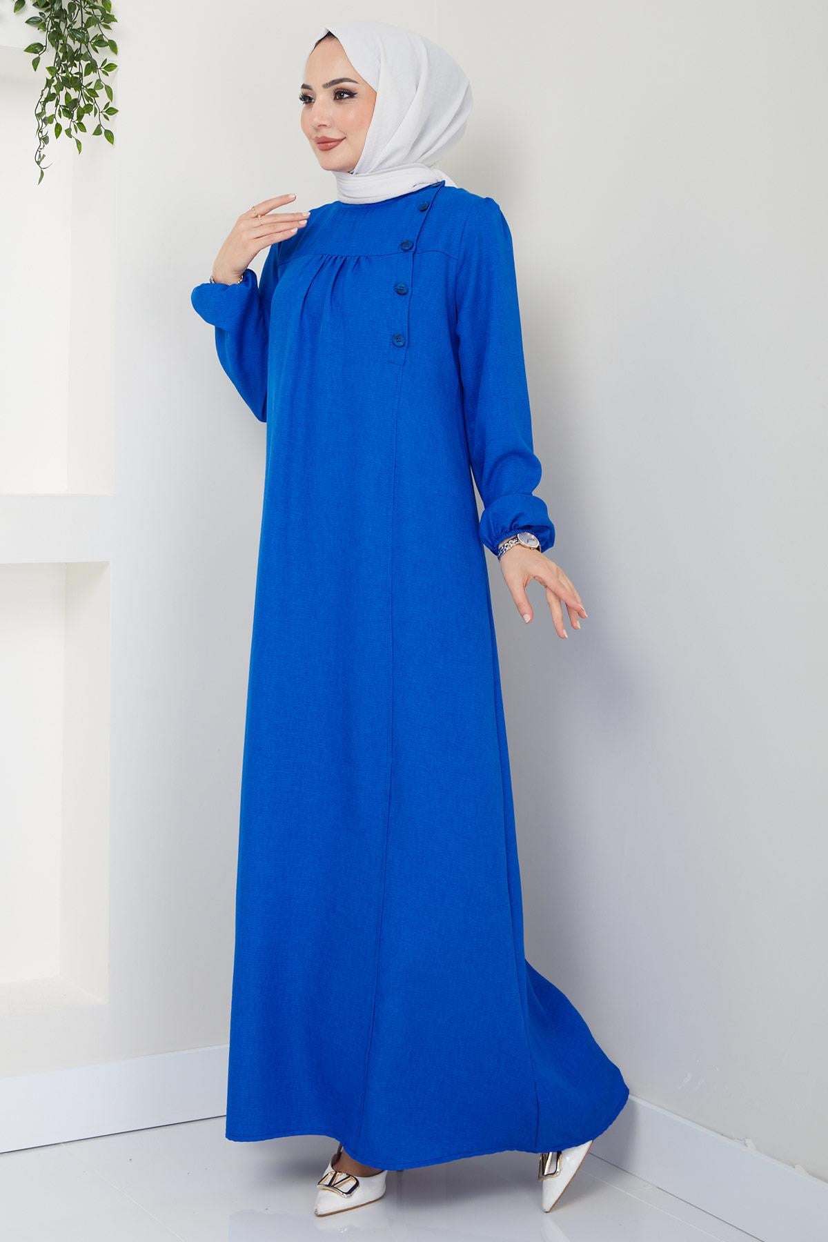 Düğme Detaylı Elbise Saks HM2436