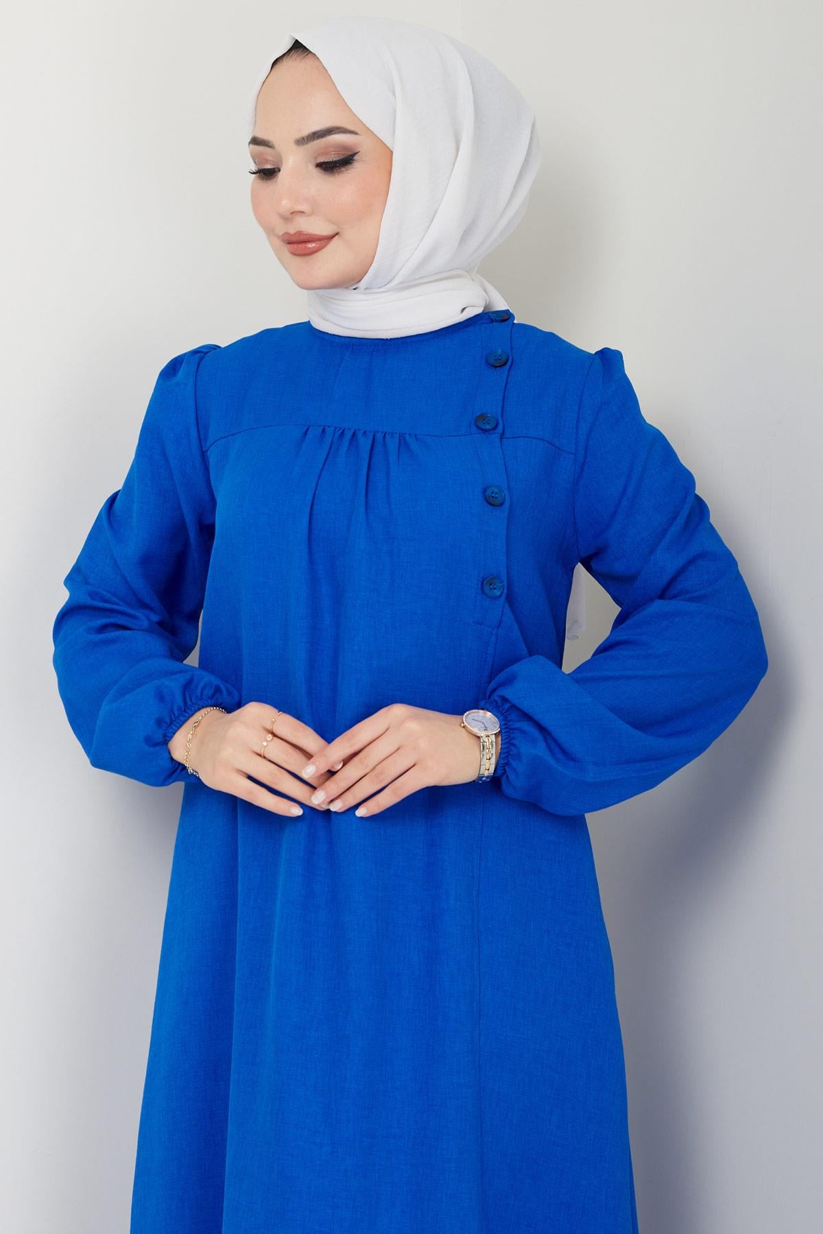 Düğme Detaylı Elbise Saks HM2436