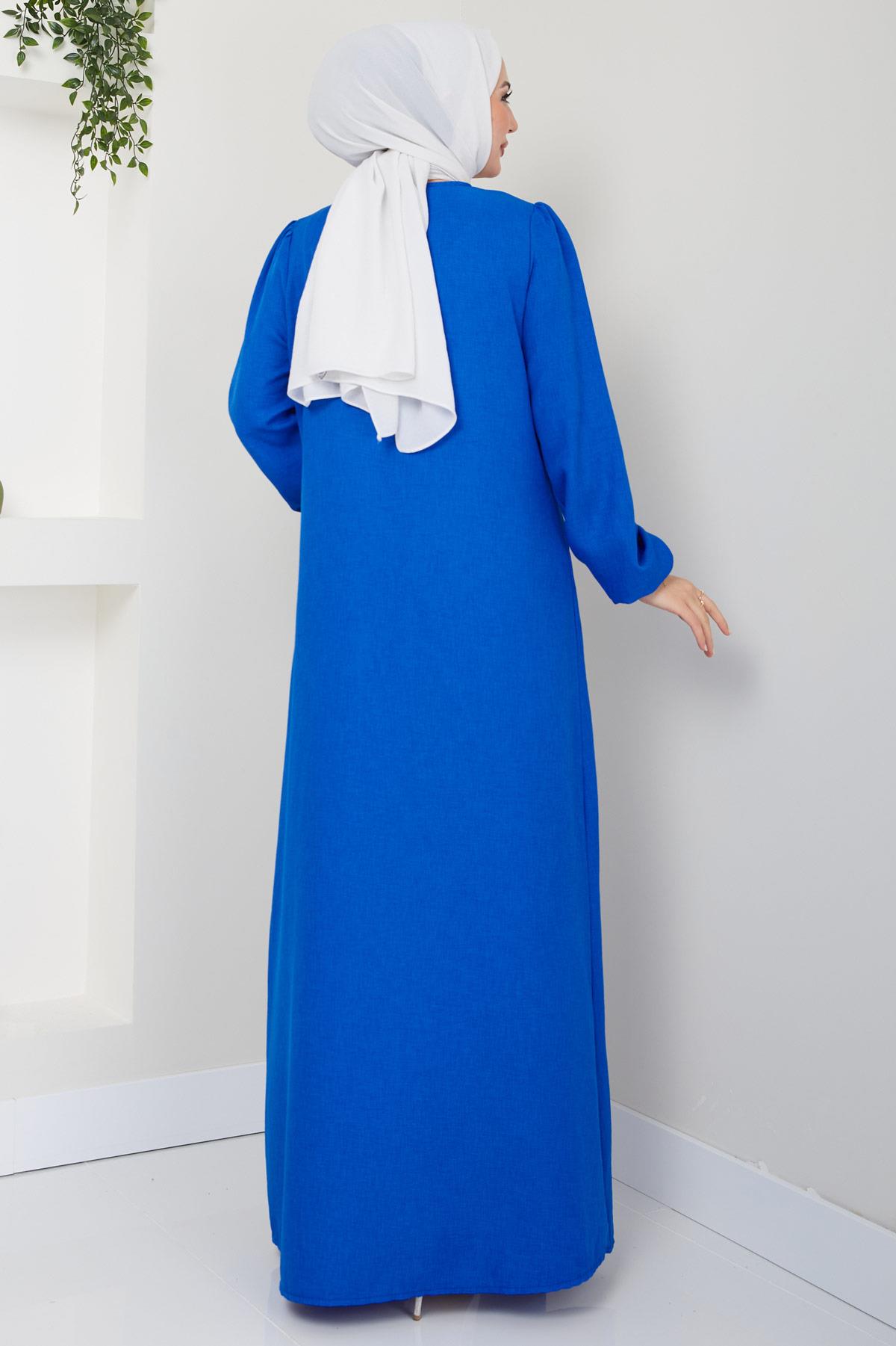 Düğme Detaylı Elbise Saks HM2436