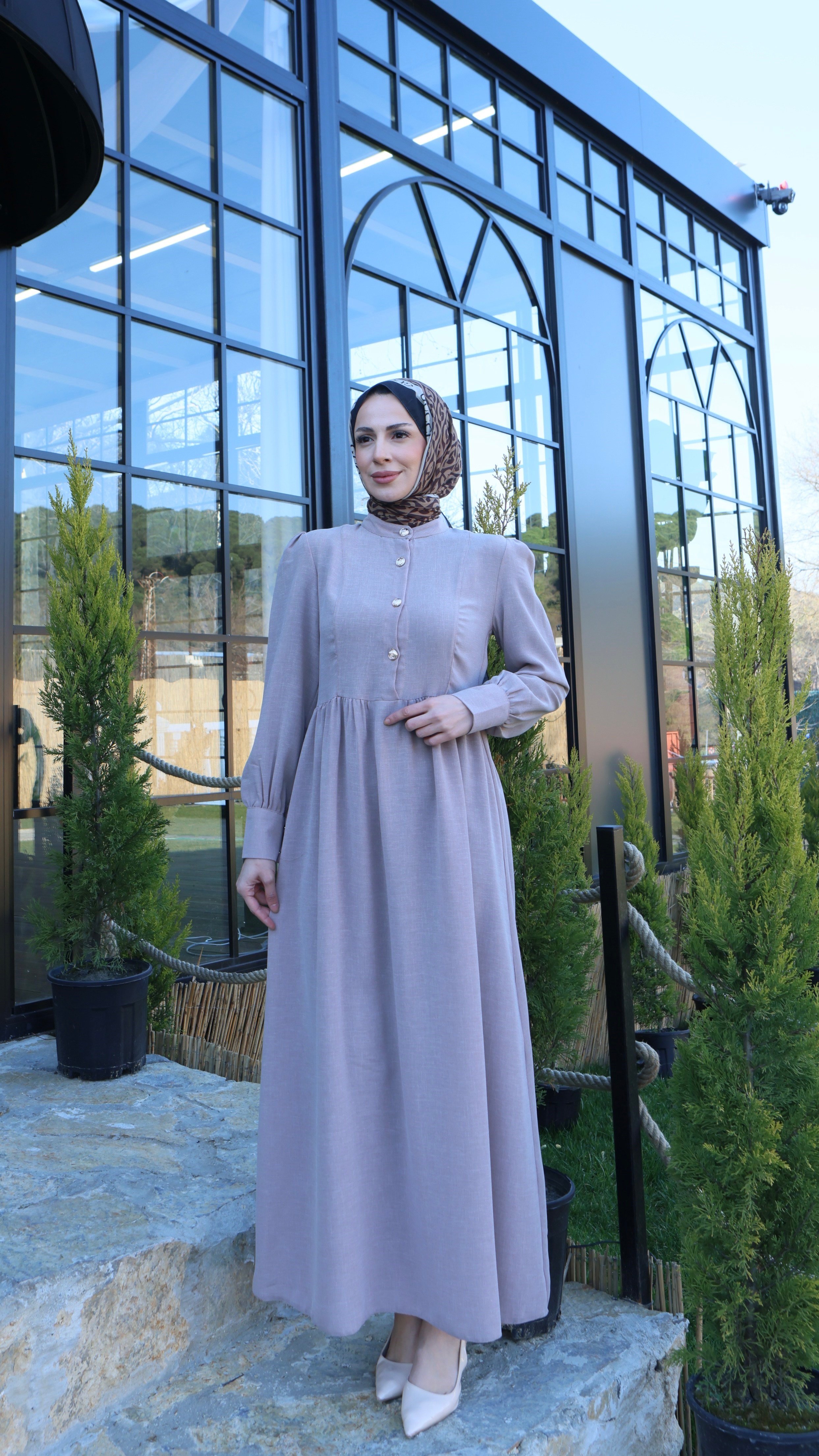 Düğme Detaylı Pileli Tesettür Elbise Vizon  HNT8528