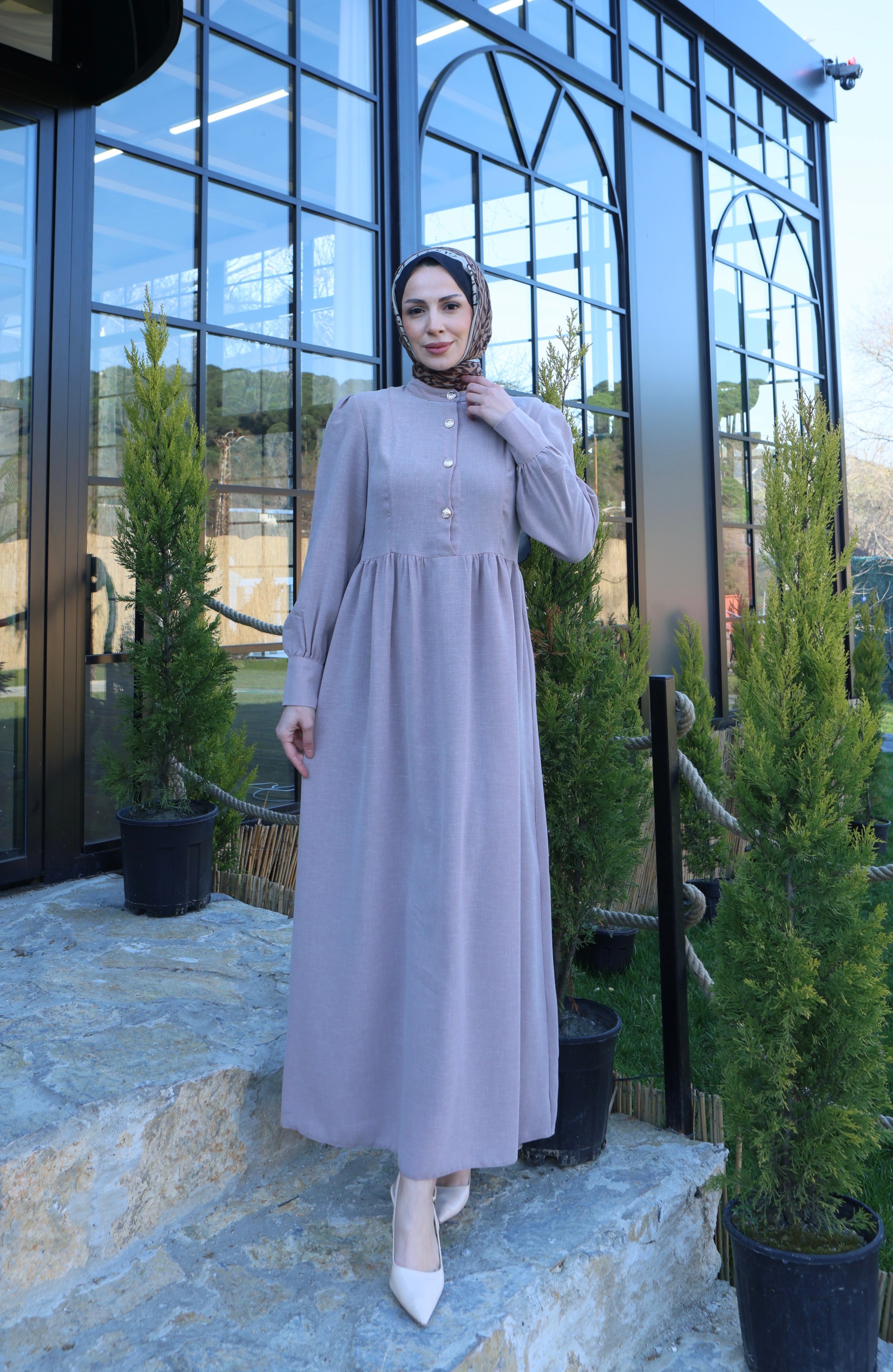 Düğme Detaylı Pileli Tesettür Elbise Vizon  HNT8528