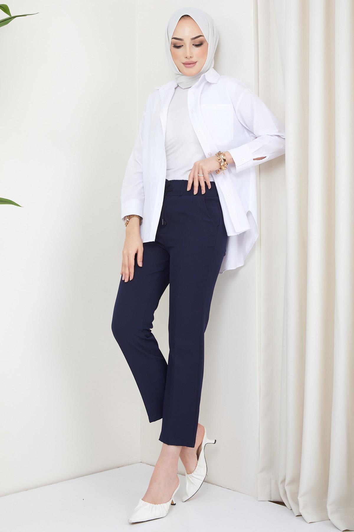 Düğmeli Bağcıklı Kumaş Pantolon Lacivert