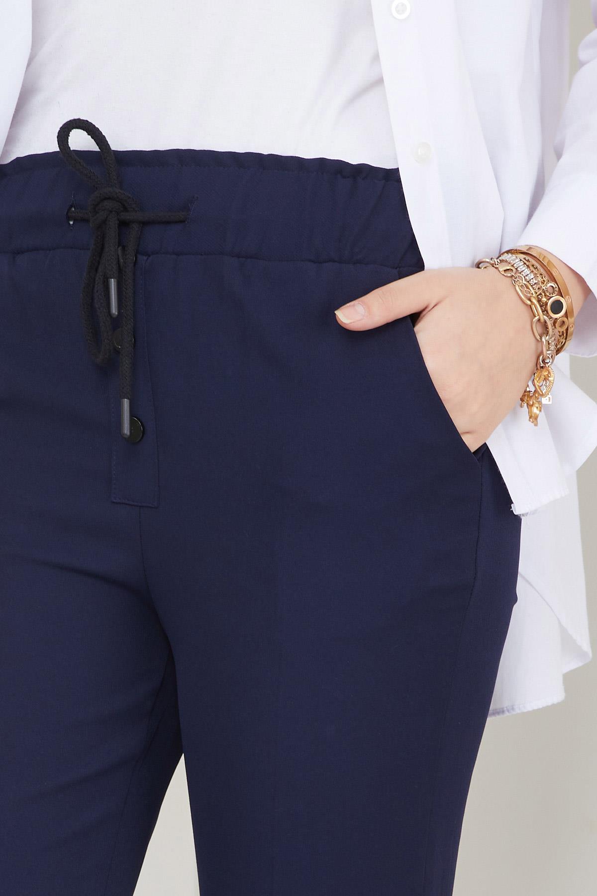 Düğmeli Bağcıklı Kumaş Pantolon Lacivert