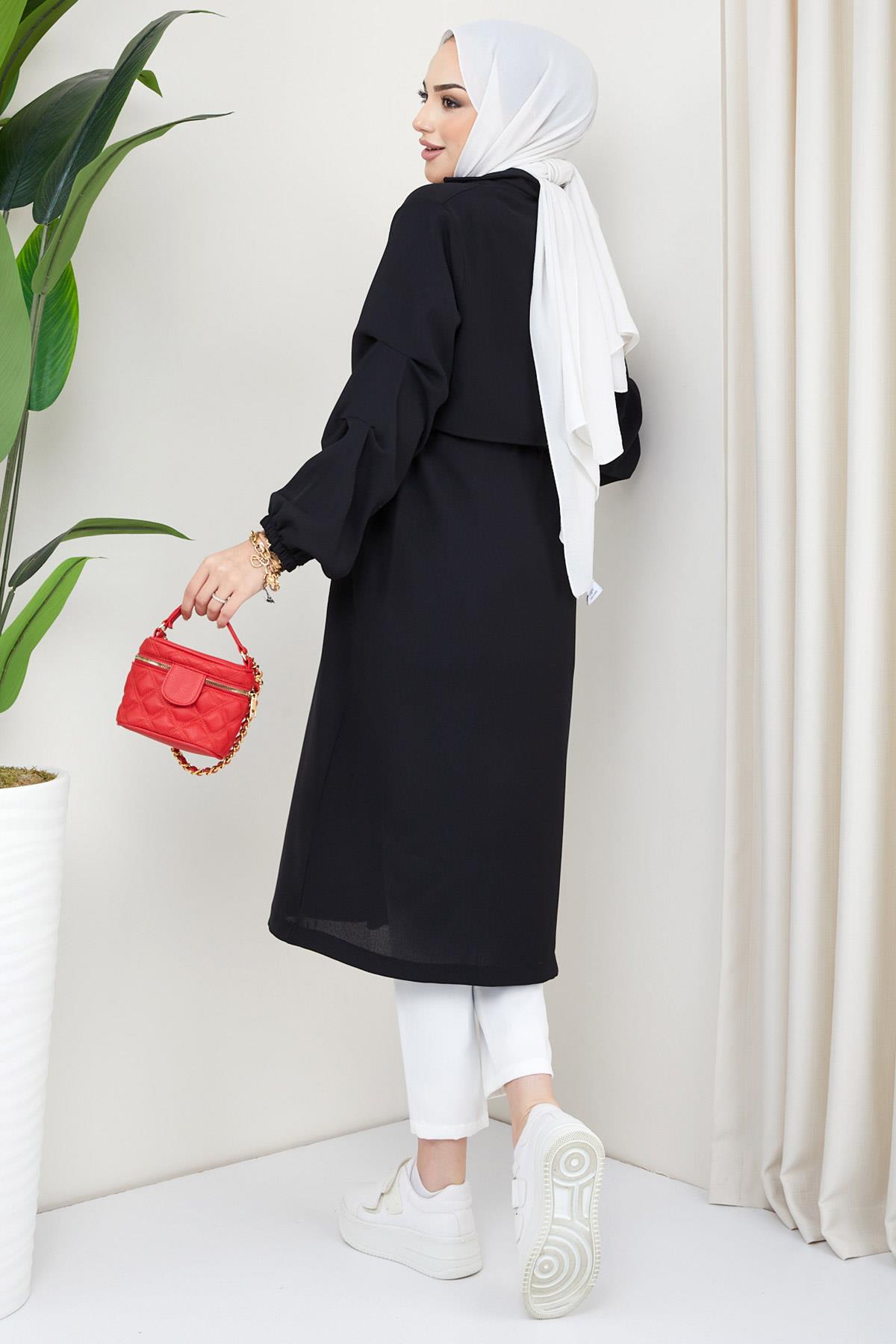 Düğmeli Bağlamalı Trençkot Siyah