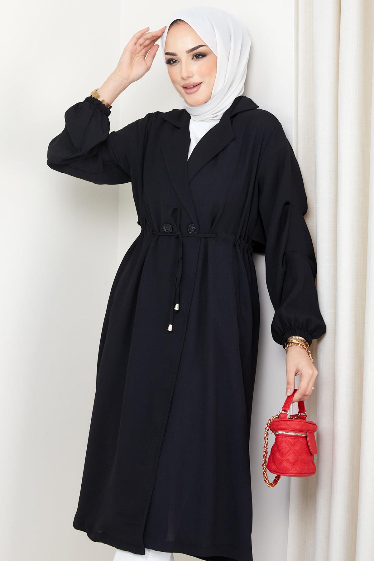 Düğmeli Bağlamalı Trençkot Siyah