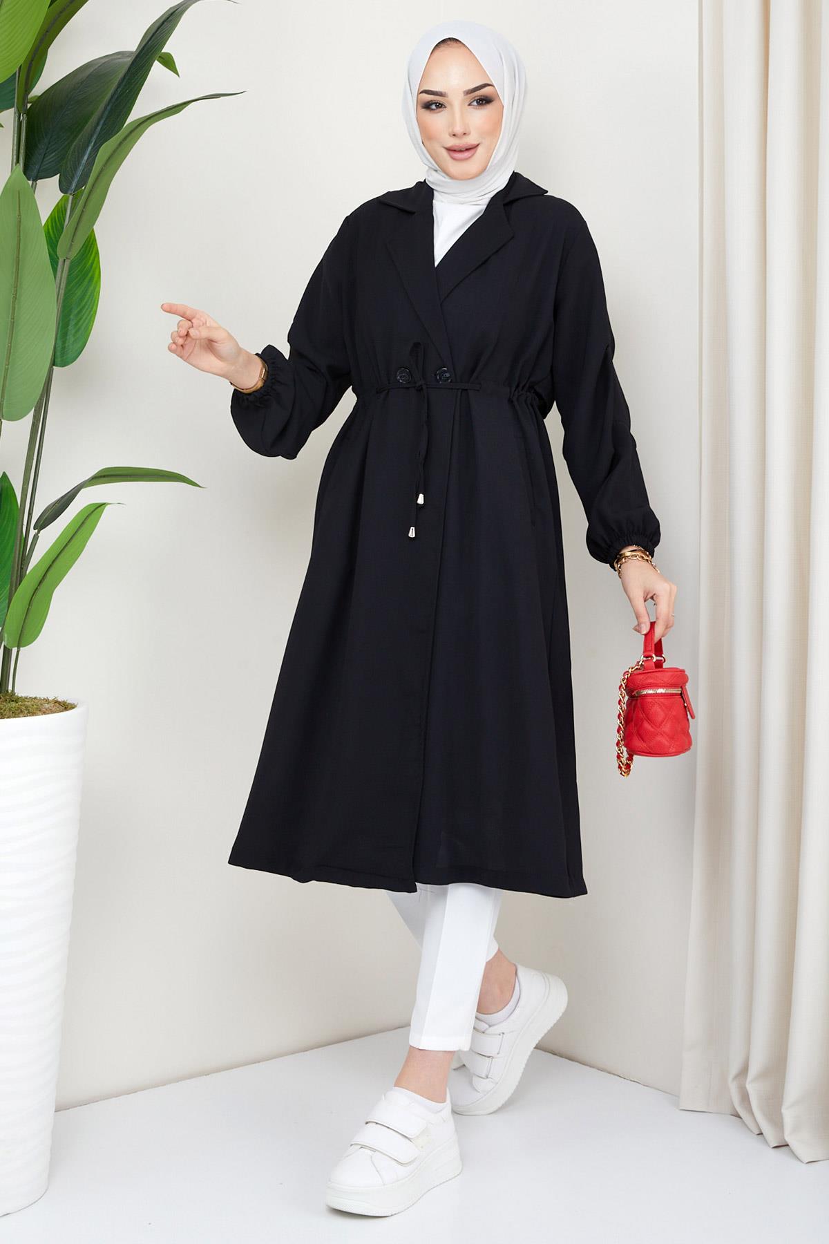 Düğmeli Bağlamalı Trençkot Siyah