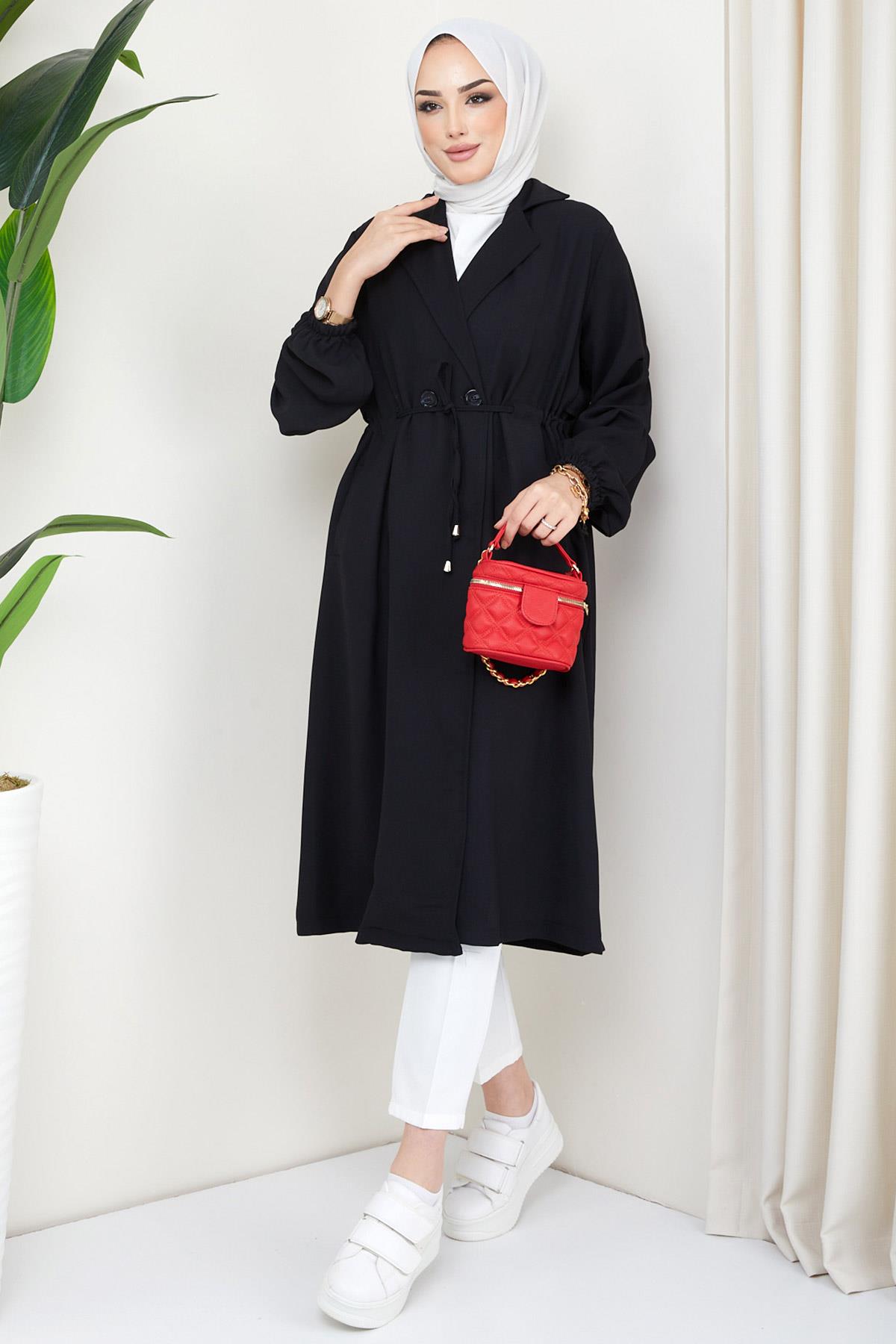 Düğmeli Bağlamalı Trençkot Siyah