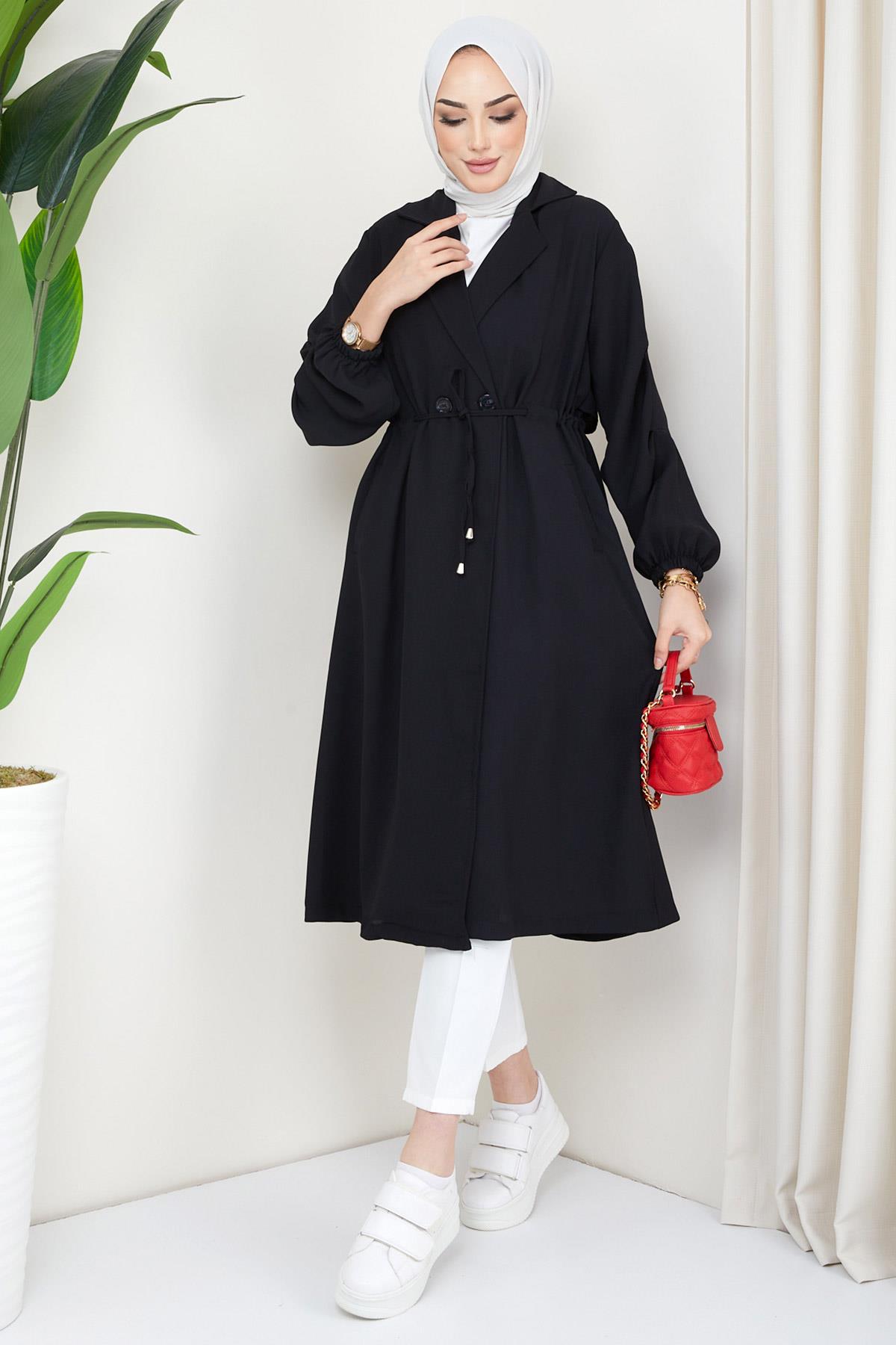 Düğmeli Bağlamalı Trençkot Siyah