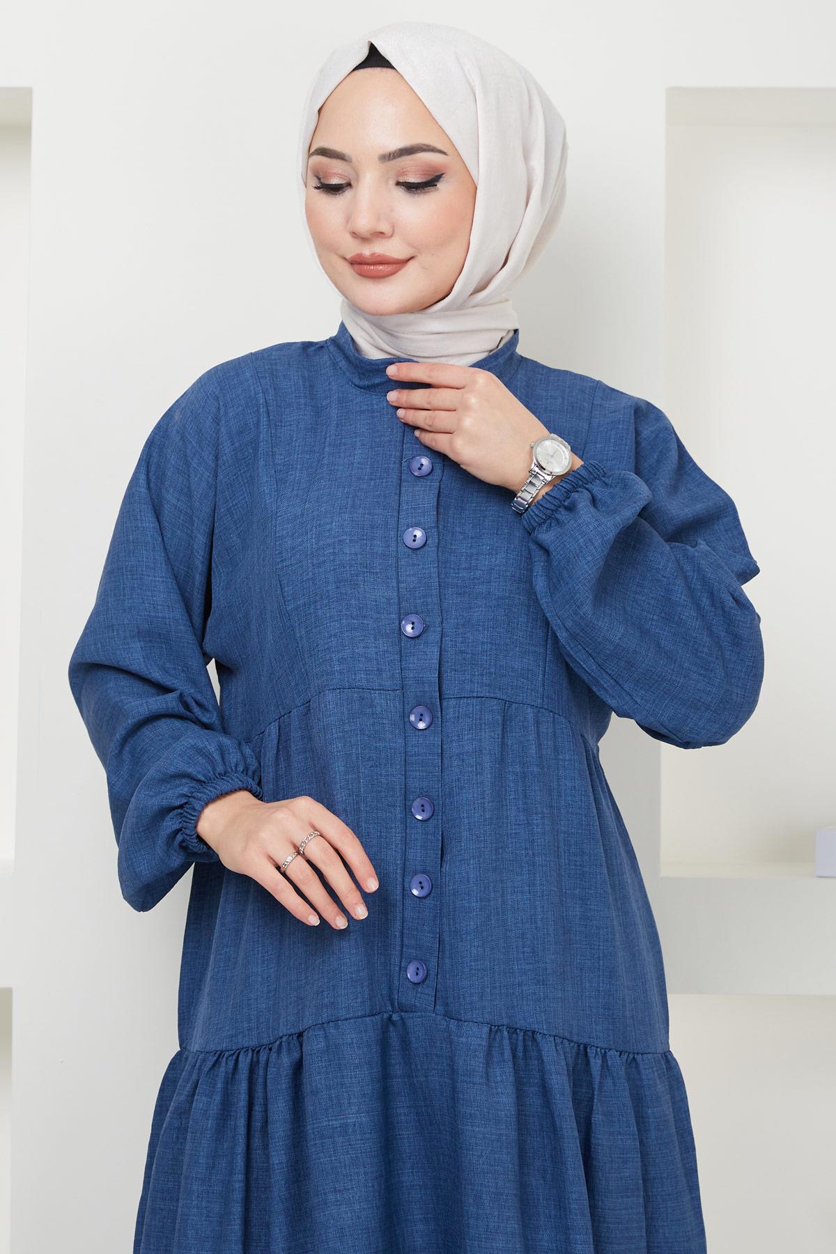Düğmeli Büzgülü Elbise İndigo HM2366