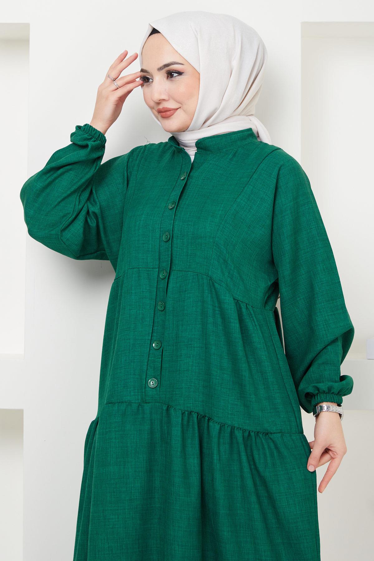 Düğmeli Büzgülü Elbise Zümrüt HM2366
