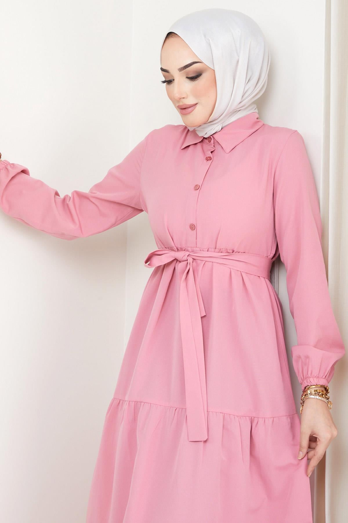 Düğmeli Kat Kat Elbise Pembe