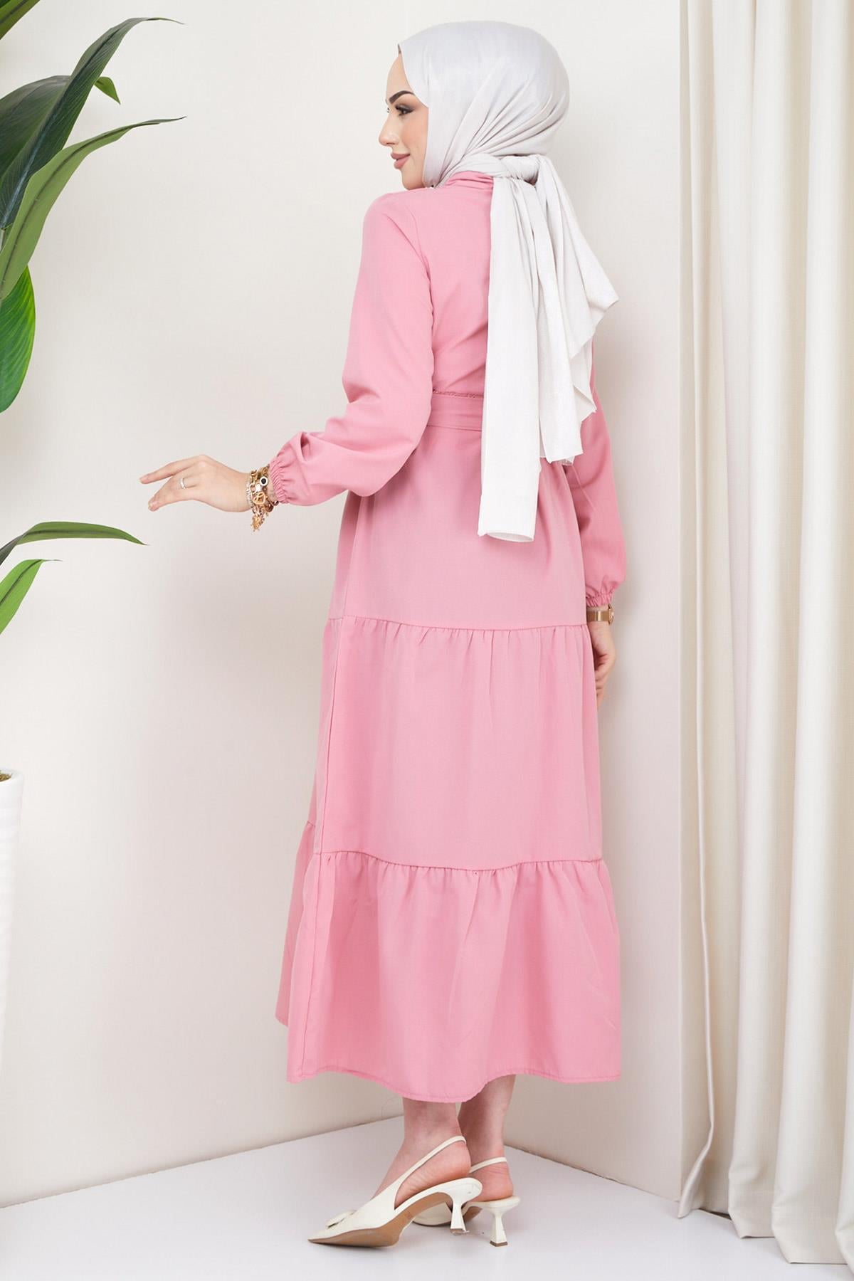 Düğmeli Kat Kat Elbise Pembe