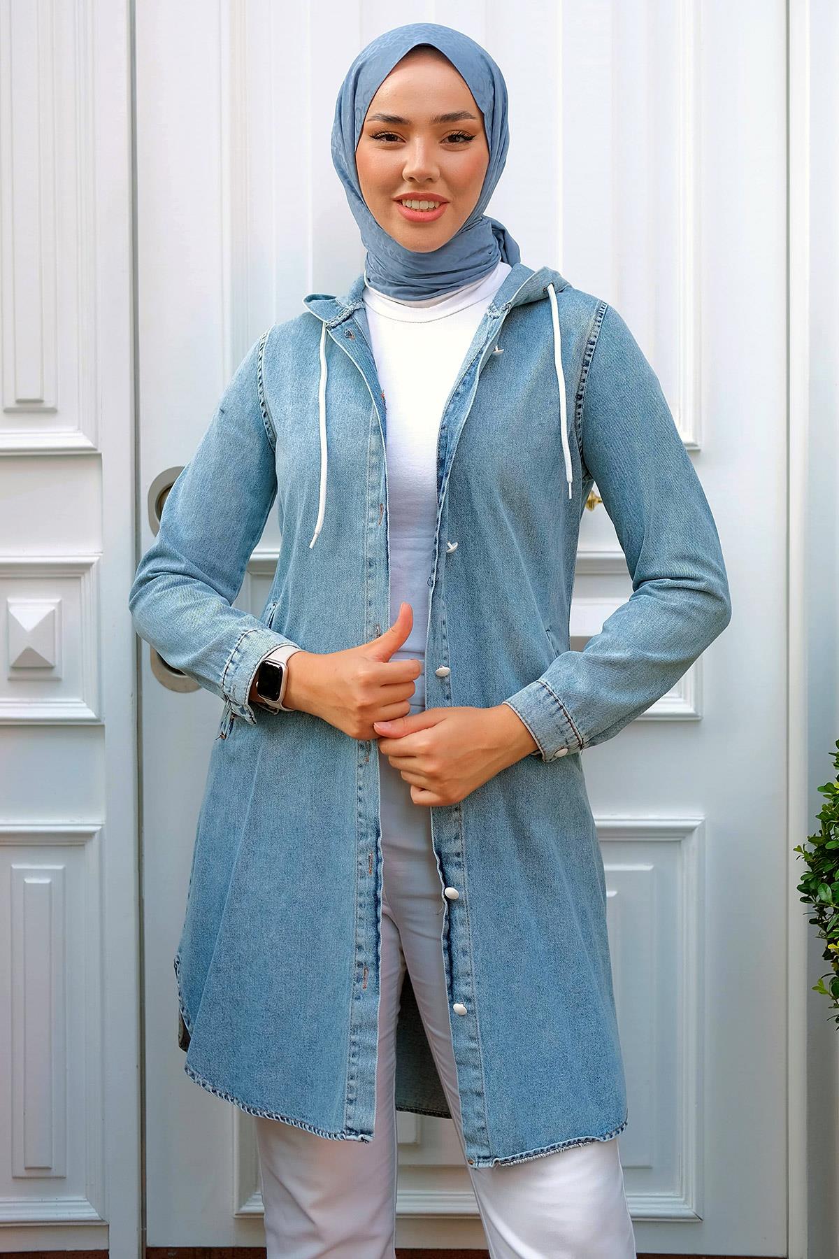 Düğmeli Kot Kap Açık Mavi HM2291