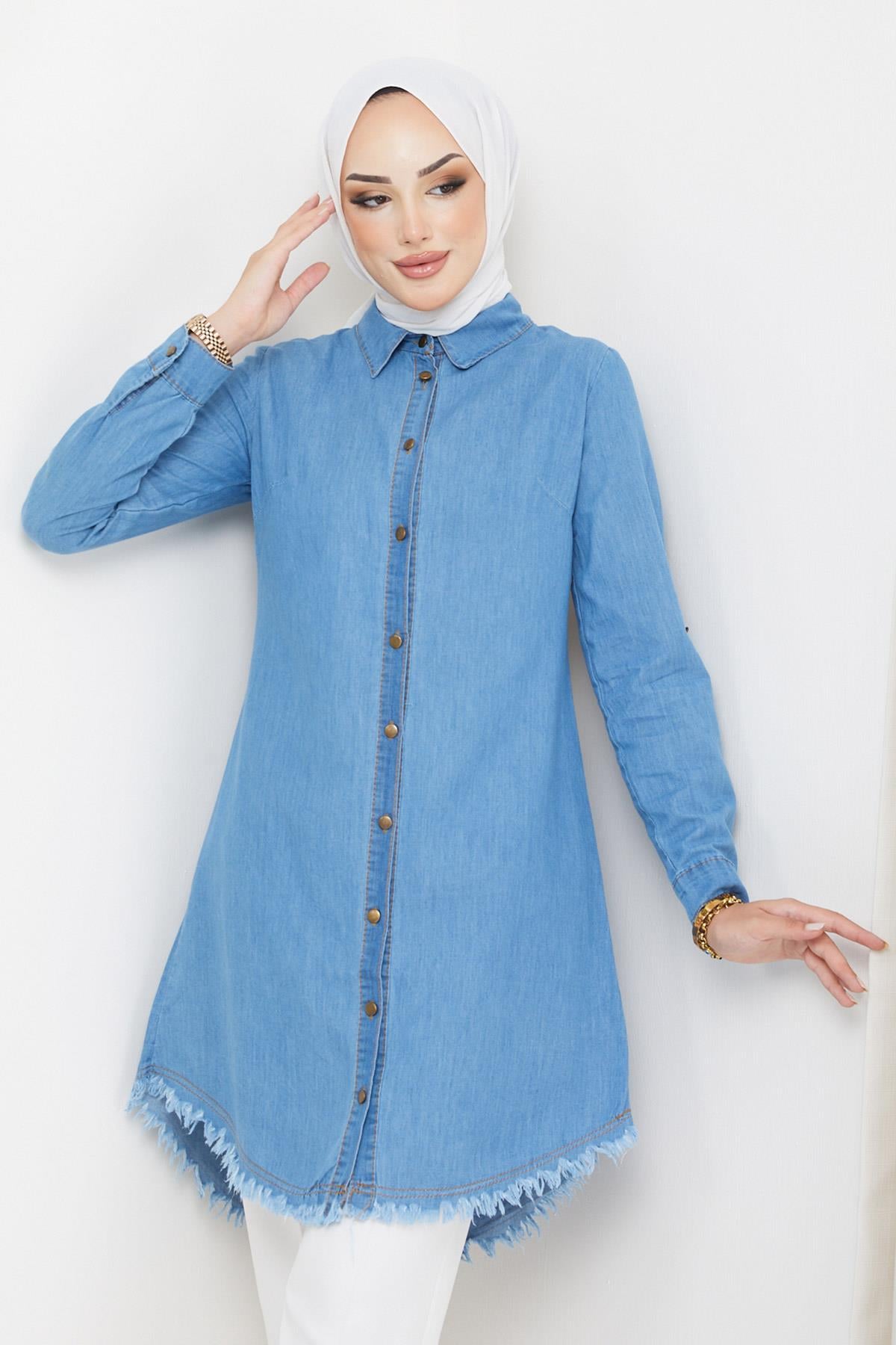 Düğmeli Kot Tunik Açık Mavi HM2211