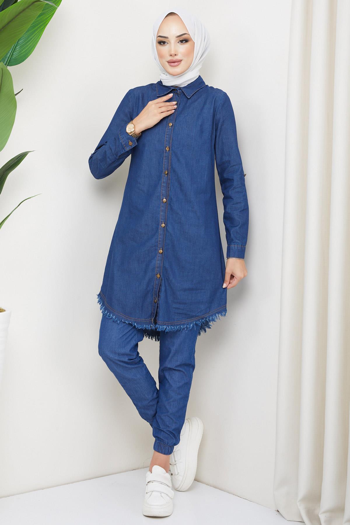 Düğmeli Kot Tunik Koyu Mavi HM2211