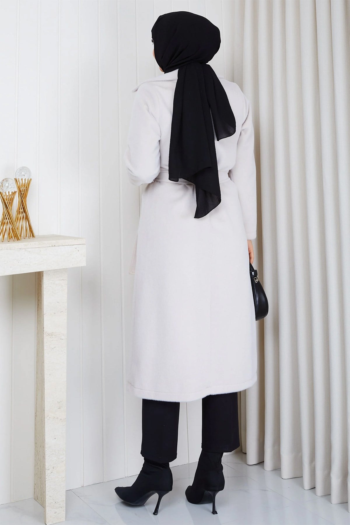 Düğmeli Kuşaklı Angora Kaban Krem HM2969