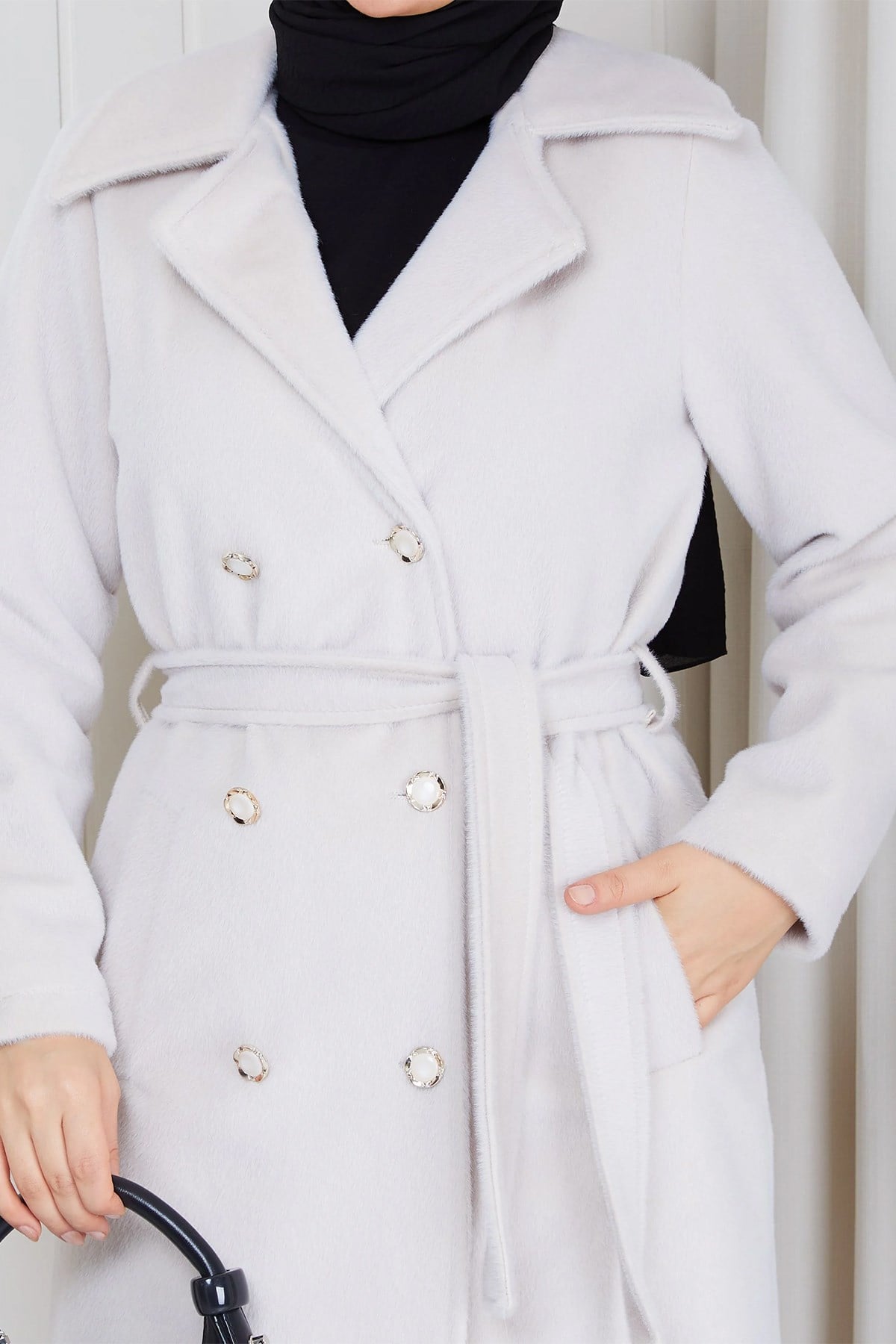 Düğmeli Kuşaklı Angora Kaban Krem HM2969