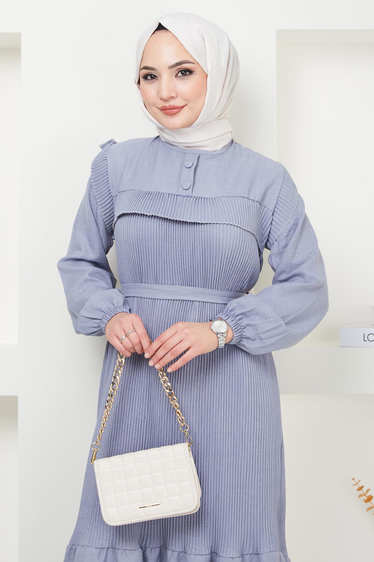 Düğmeli Piliseli Elbise Gri HM2364