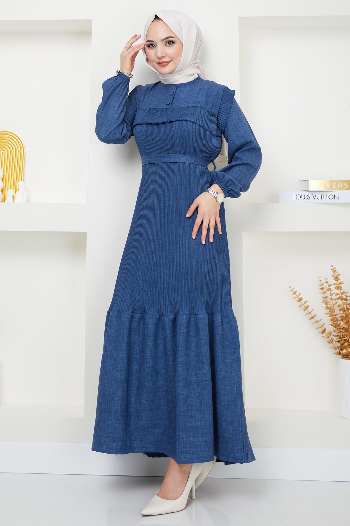 Düğmeli Piliseli Elbise İndigo HM2364