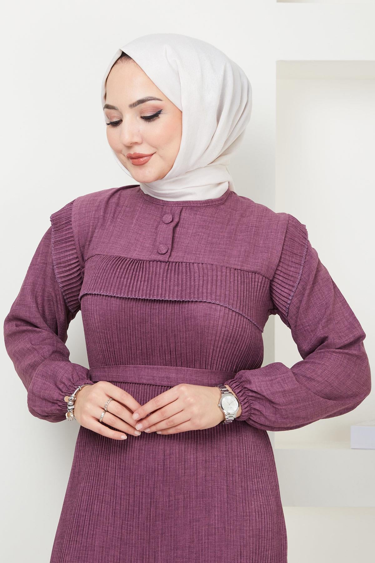 Düğmeli Piliseli Elbise Mürdüm HM2364