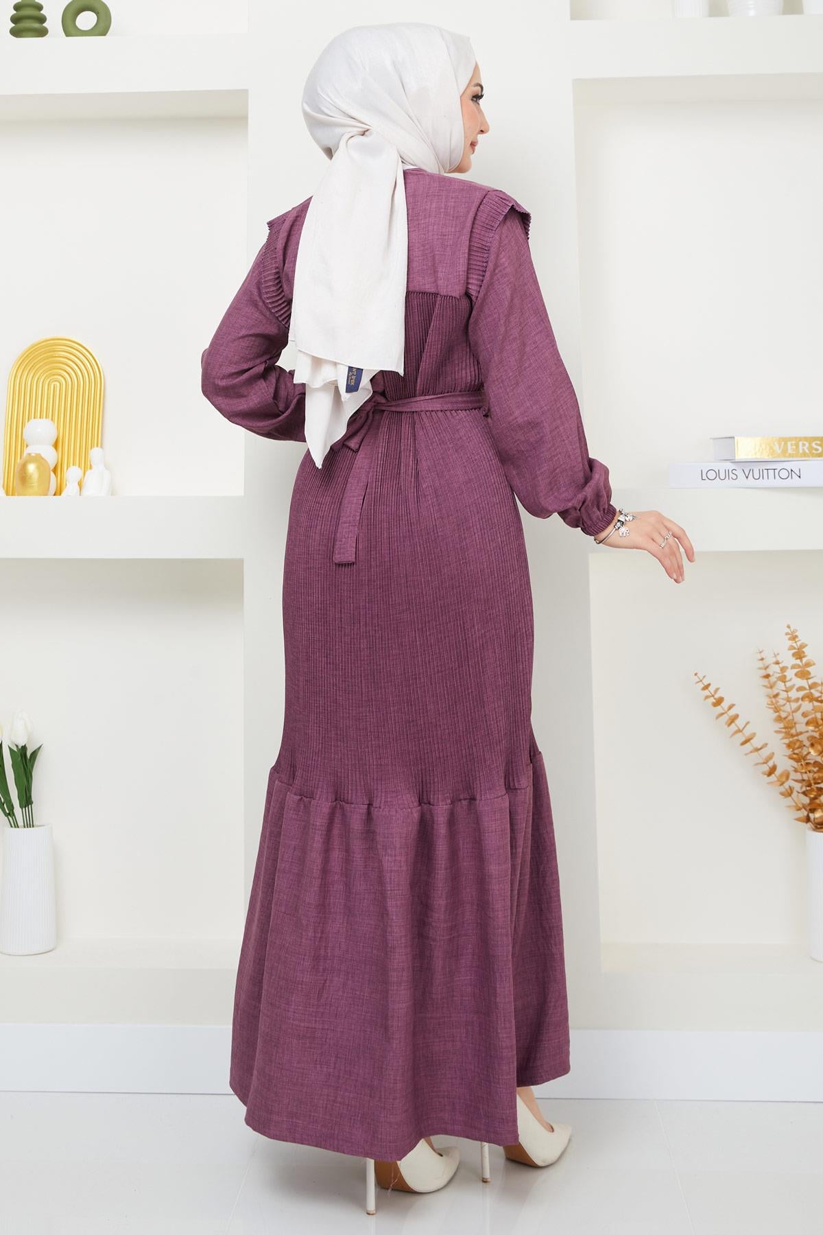 Düğmeli Piliseli Elbise Mürdüm HM2364