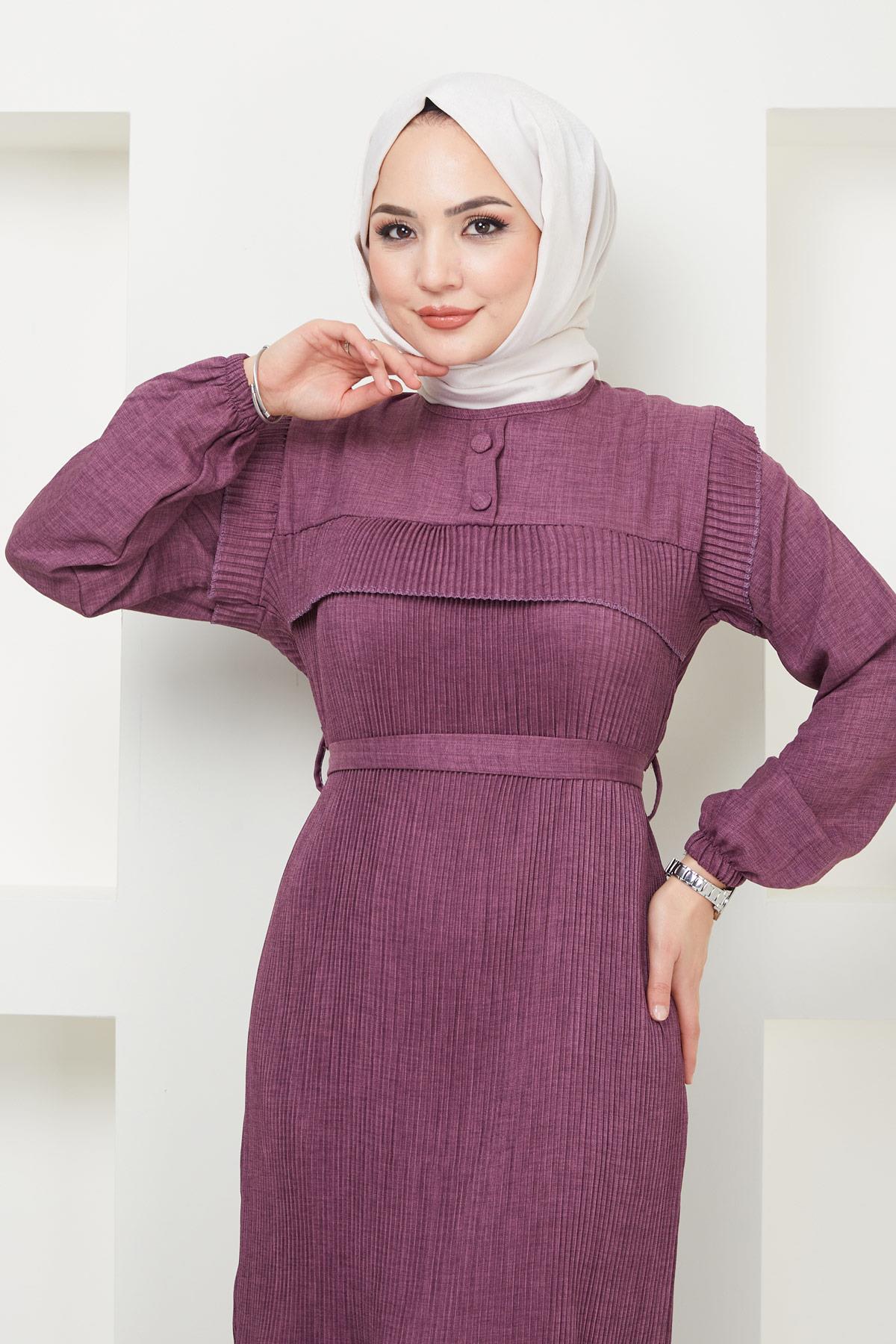 Düğmeli Piliseli Elbise Mürdüm HM2364