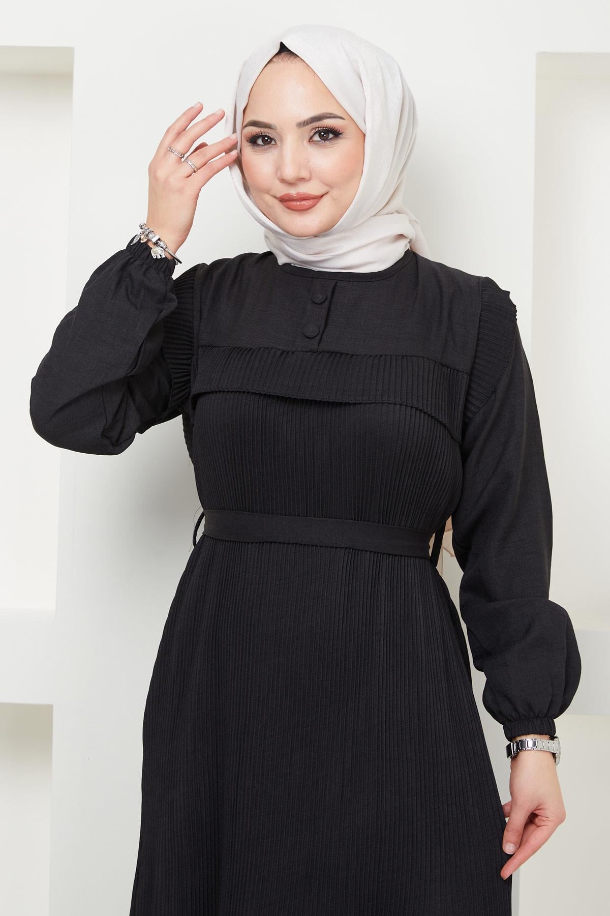 Düğmeli Piliseli Elbise Siyah HM2364