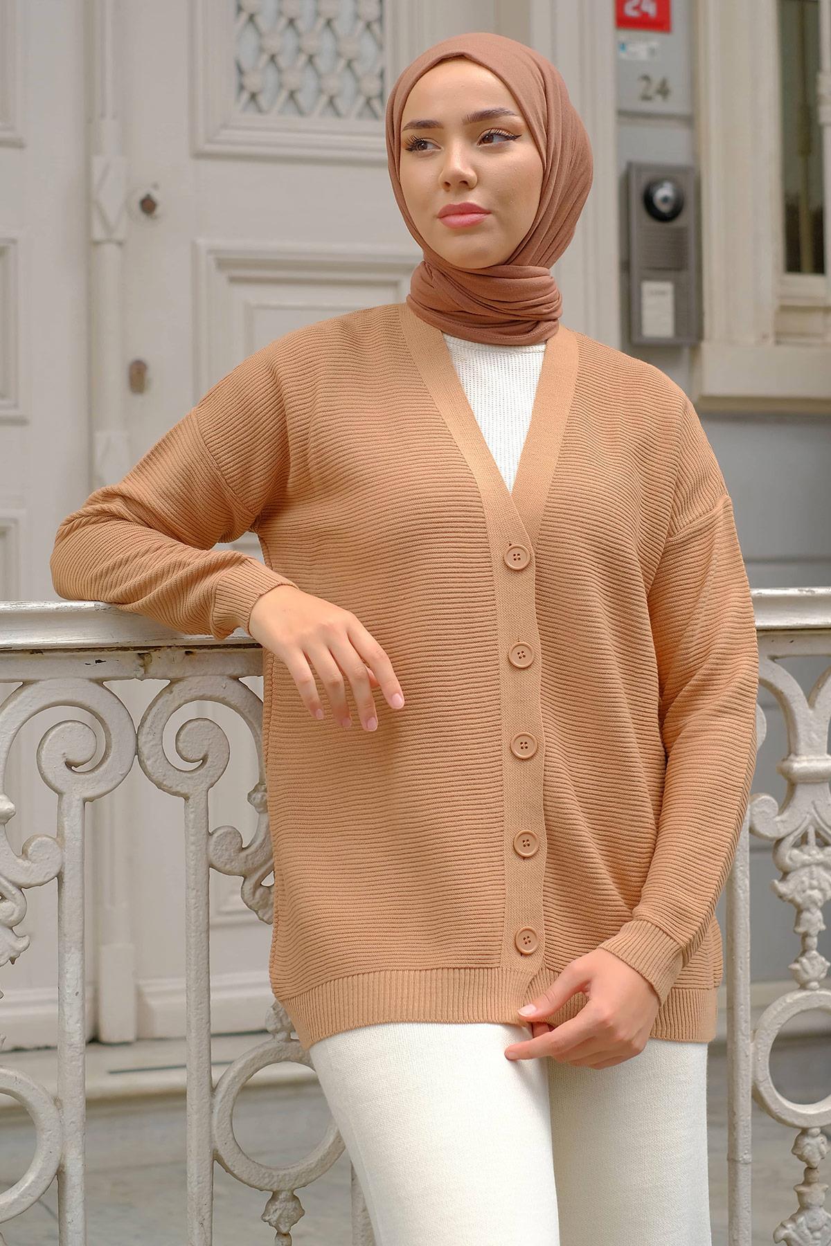 Düğmeli Triko Hırka Camel HM2229