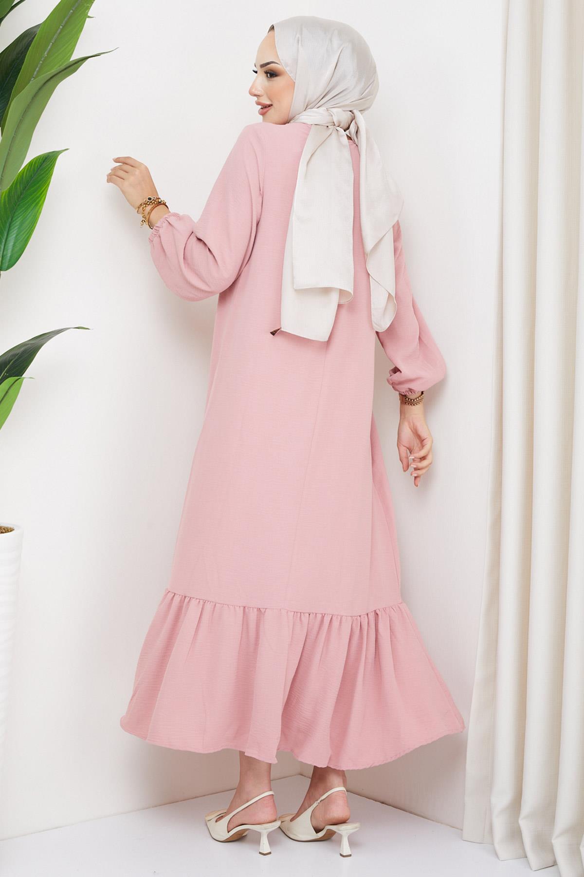 Eteği Büzgülü Aerobin Elbise Pembe HM2219