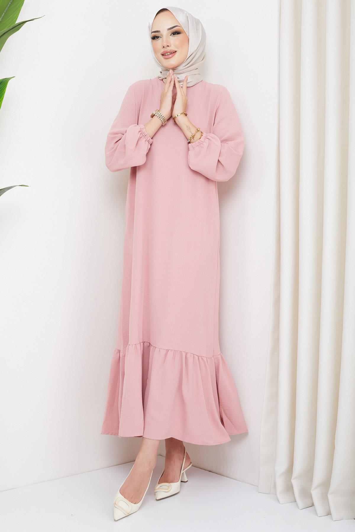 Eteği Büzgülü Aerobin Elbise Pembe HM2219