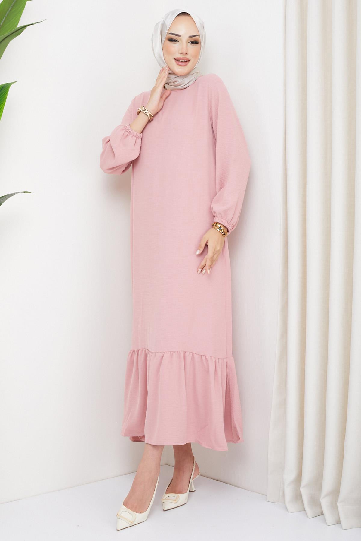 Eteği Büzgülü Aerobin Elbise Pembe HM2219