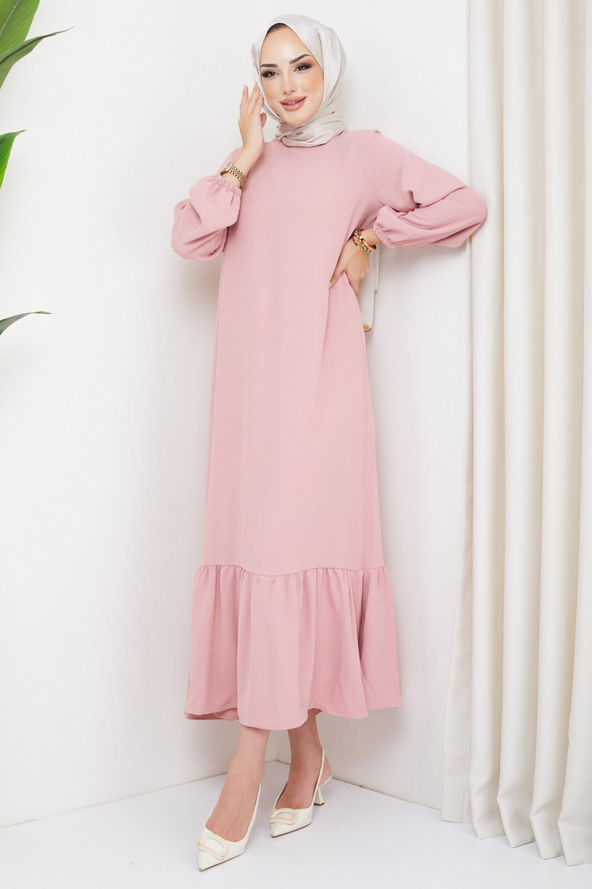 Eteği Büzgülü Aerobin Elbise Pembe HM2219