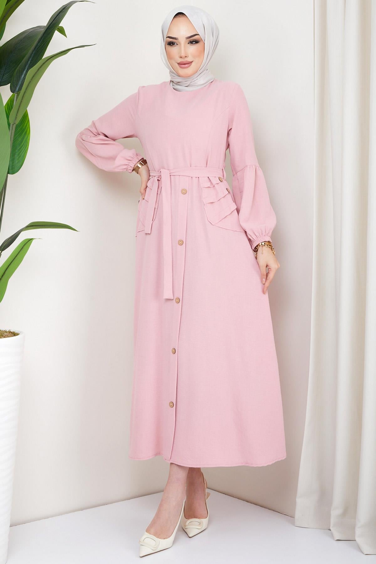 Eteği Düğmeli Ayrobin Elbise Pembe